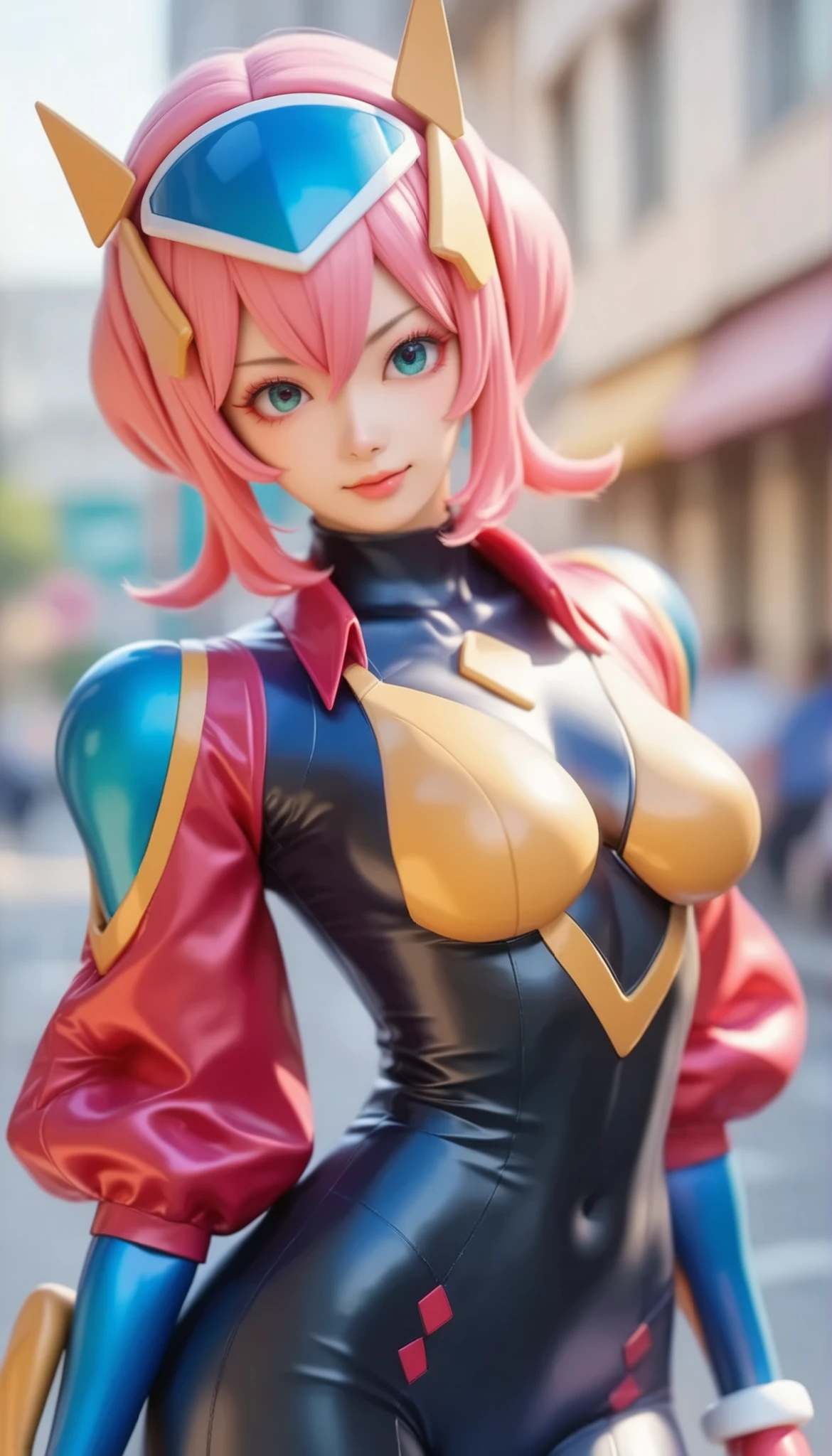 masterpiece, best quality, high quality, highres, outdoors, day, upper body, looking at viewer, solo, focused, BREAK, ANI_CLASSIC_jun_gatchaman_ownwaifu, jun the swan, 1girl, breasts, lips, medium breasts, large breasts, green eyes, lipstick, makeup, eyelashes, eyeshadow, (visor), helmet, cape, elbow gloves, thighhighs, belt, white gloves, zettai ryouiki, mask, skirt, white legwear, superhero, leotard, spacesuit, pink dress, white cape, pink leotard, pink skirt, short dress,
