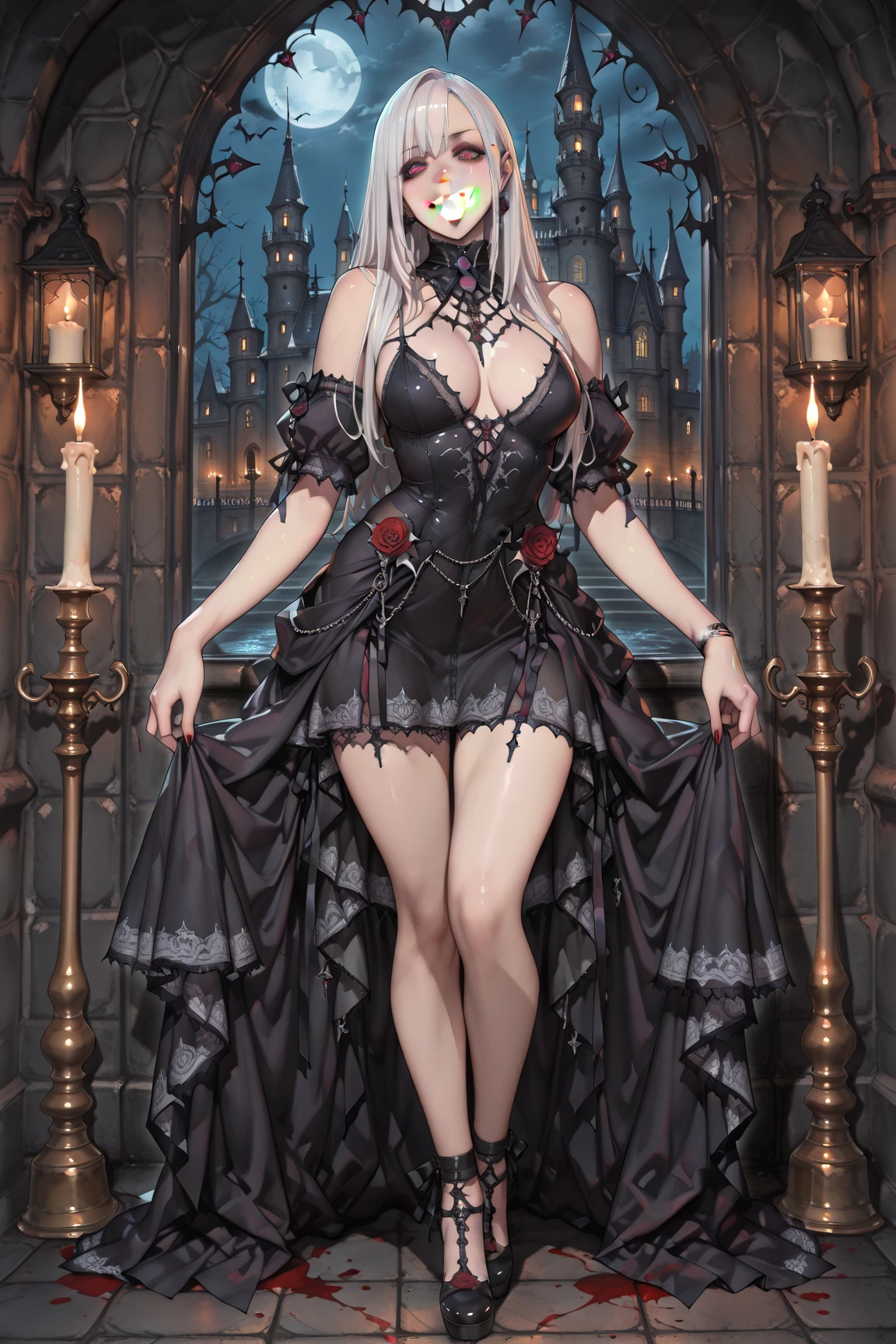  ((best quality)), ((masterpiece)), (detailed), 1girl, NSFW, long white grey hair, grey white eyes, very skinny, detailed, best quality, prominent collarbones, skinny arms, flat stomach, visible hip bones, small breasts, full body, red and white clothing, occult aesthetic, occult, detailed and intricate steampunk and detailed gothic, NSFW, Fluttering lace flared long knee length dress with frilly petticoats, knee length dress, pleated petticoats, petticoats gothic, complex lace boots, gothic aesthetic, wielding a mighty sword with mechanical components, mandalas, small breasts, a fairy, various different types of insect wings, bug wings, beetle wings, NSFW, full body, whole body, body, chains, 