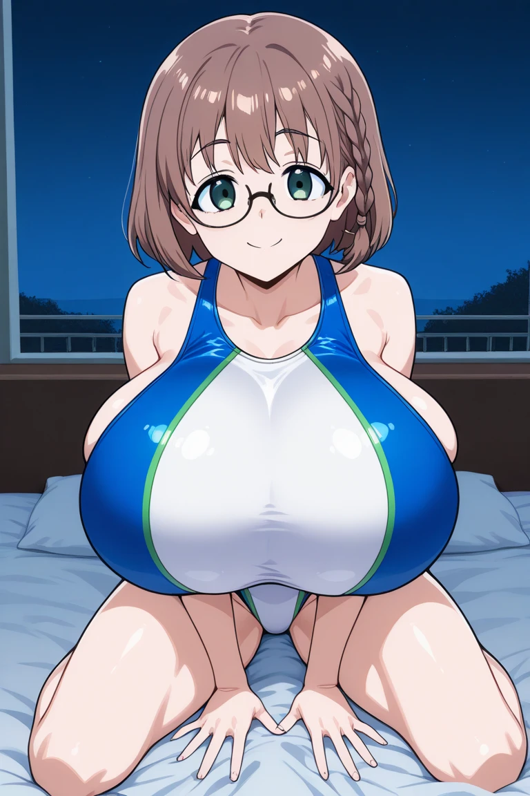 highest quality, High resolution,Anime Screen Capture, green eyes,((Light pink sci-fi suit、bikini、obesity))、(wide hips、wide ass)、nurse cap、belt、thigh boots ,(huge breasts:1.2), blush, (embarrassing), :d, dark brown hair、(((hand on chest)))、(Are standing)、((Red-rimmed glasses))、In town