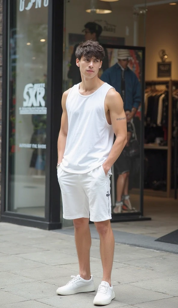 best picture quality,zeiss,high resolution,movie poster,extreme light and shadow,8K,1boy,(prospect),male focus,(full body display),mn,(short hair),(baggy shorts),(pink hair),set on a city street,(white sneakers),(white sock),(tank top), <lora:mnå¤ä»2:1>