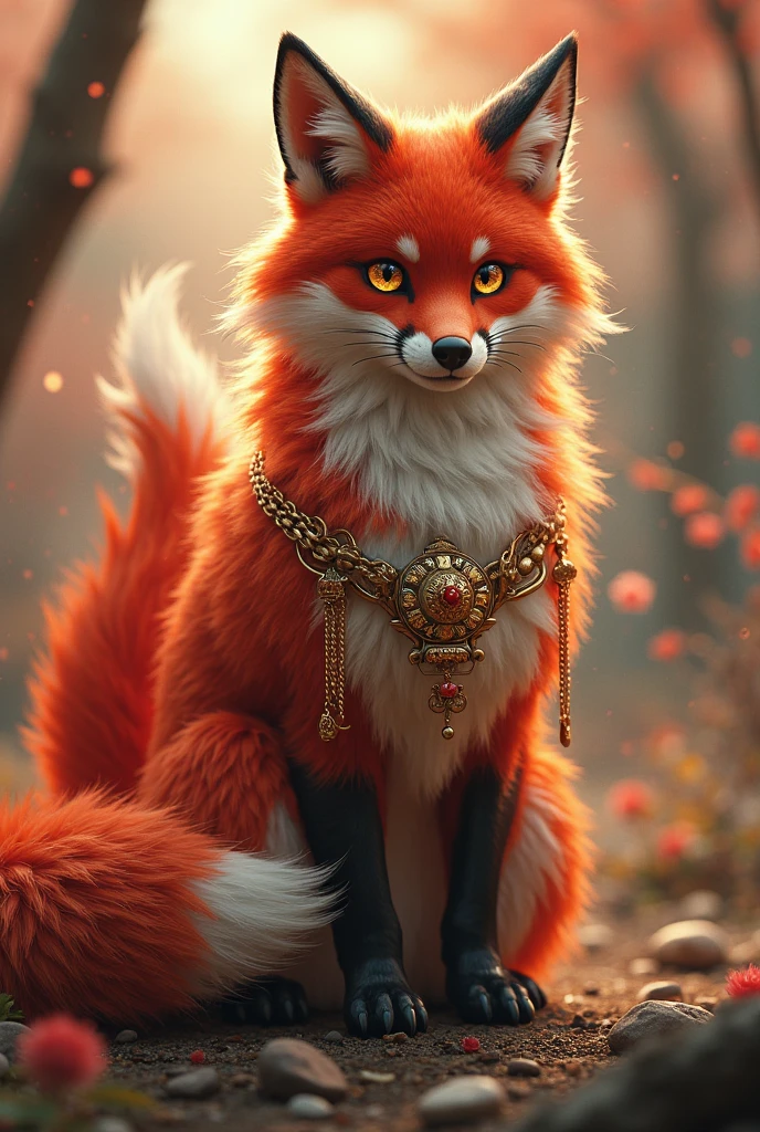 Crimson fur, nine tails, eyes like melted gold. Wears gold chains and a tiny cloak.