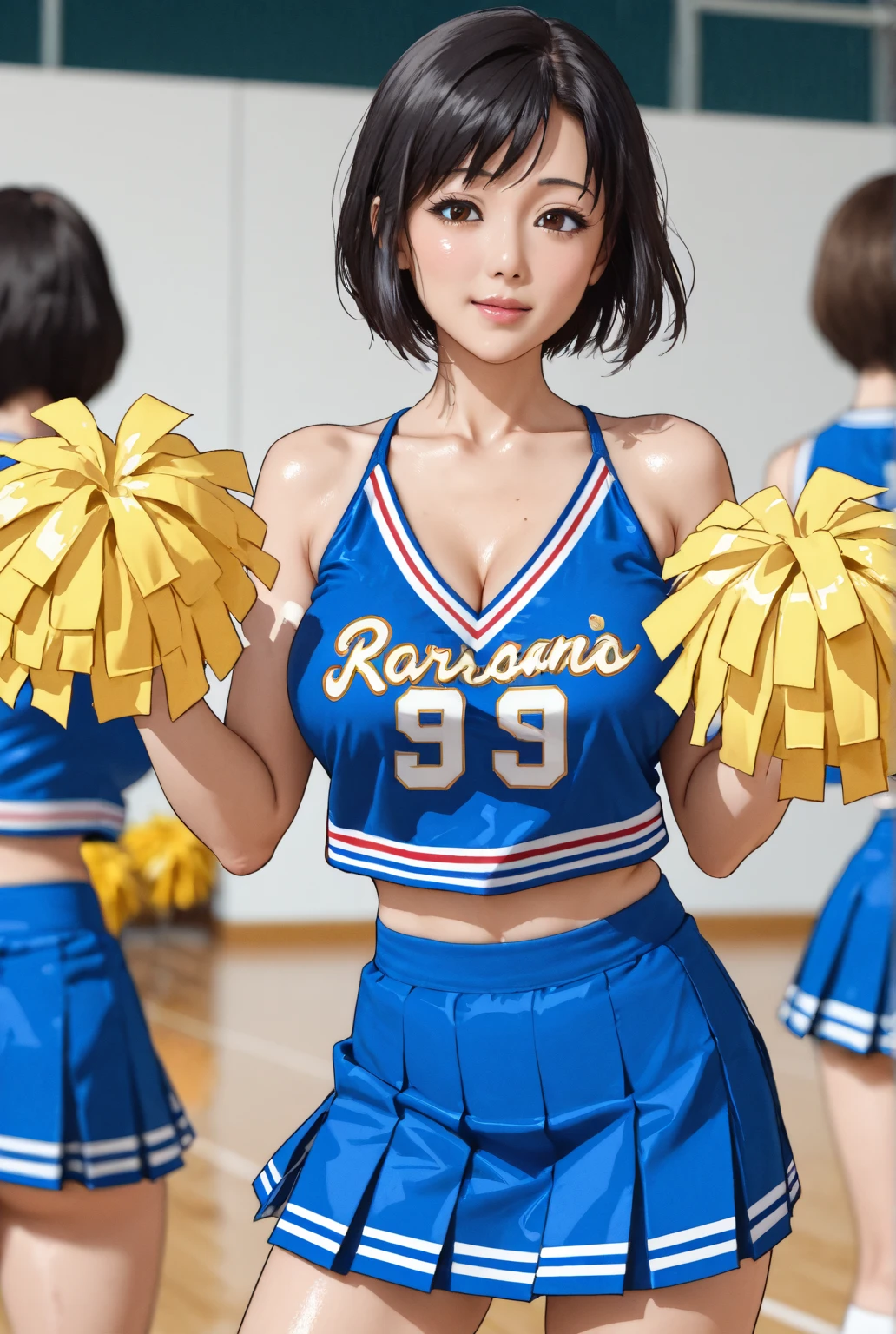 Gymnasium in use for basketball (Cheerleader:1.2) Supporting With team logo Separates Type Pompoms in both hands short hair ((small and soft breasts))、(Breast bulge accentuated through clothes:1.3) Jump and spread your legs straight hands back ロープボンデージ View from the front The color of her panties is the same as her uniform Mini skirt in the same color Smile