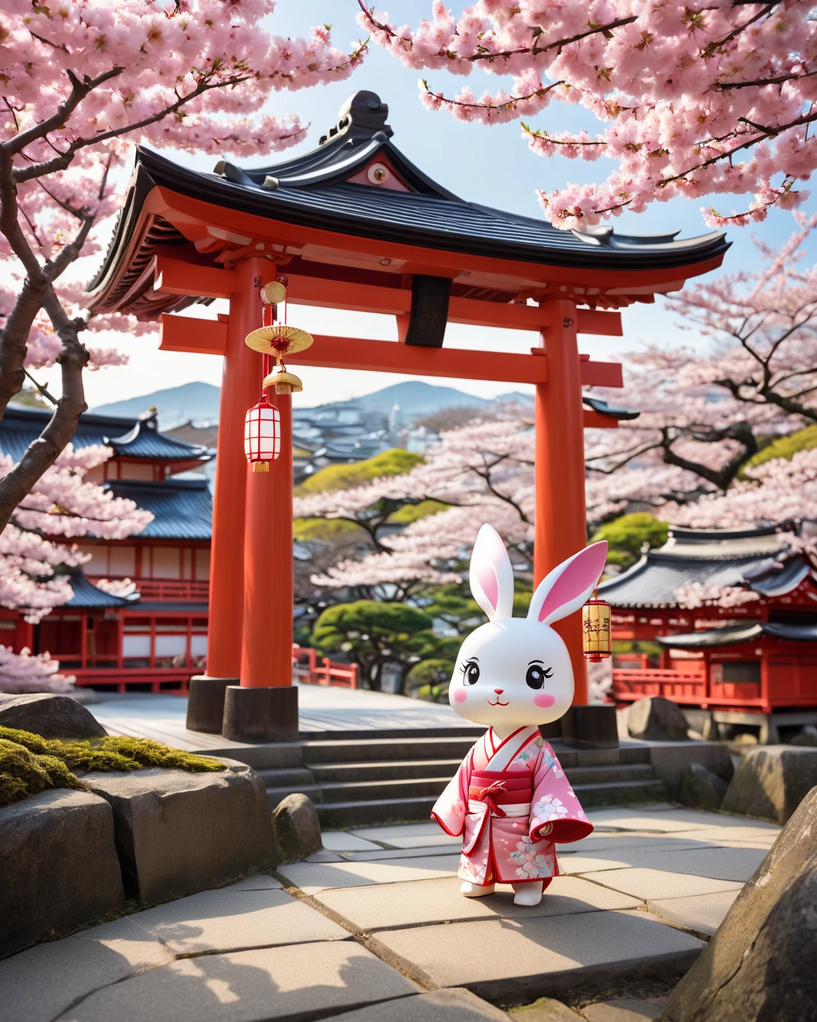 With white cat ears、Pink haired beautiful shrine maiden、In the center, a cat-shaped gem is held in both hands.、Eyes are rainbow colored、Pink cheeks