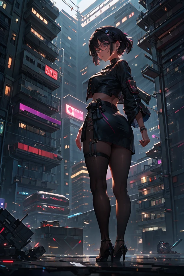 masterpiece, best quality, ultra-detailed, illustration, epic lighting, cinematic composition, isometric, 1girl, standing on a balcony of a highrise overlooking a cityscape, back turned to viewer, ass on show,viewer, cityscape background, cyberpunk, cute, petite, (beautiful), short hair, blue hair, fat thighs, pink eyes, eye gradient, wide hips, tall, flat chest, small chest, crop top, exposed navel, high waisted thong, no pants, black boots, thigh high boots, thigh highs, purple jacket, (8k:1.1), ((excited)), [[[smiling]]], (((masterpiece))),(((bestquality))),((ultra-detailed)),(illustration),((anextremelydelicateandbeautiful)),(beautifuldetailedeyes),(detailedligh