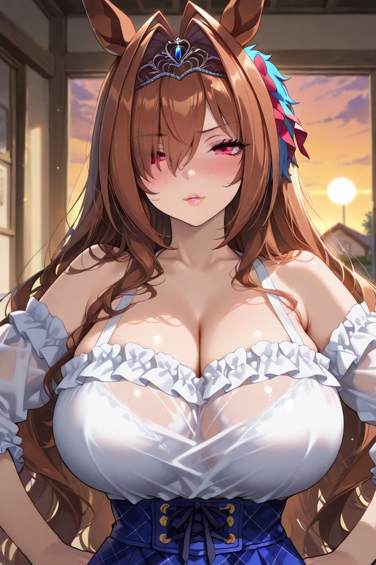 (sexy dance show:1.2),(arms up,elbow squeeze,breasts squeezed together:1.5),maruzensky \(umamusume\),good anatomy, masterpiece, best quality,realistic, hyperrealistic, 16k hdr,(happy Smile:1.2),(Live Stage:1.3),(see through costume:1.2),Stage costumes,Horse tail,ultra miniskirt,navel,micro panties,show off clearvage,erected nipples,sweat,medium breasts,upper body