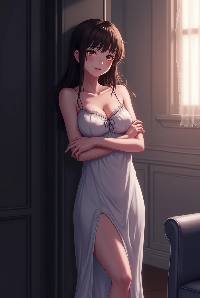 (masterpiece、top-quality、hight resolution), Create an image from the protagonist's point of view in the private room. A wealthy married woman is visiting the protagonist. The room has only a few lights and a bed. From her demeanor and behavior, it is clear that she has had several illicit affairs with the protagonist. She is dressed in less revealing clothing, but she has the sex appeal of a mature woman. nsfw