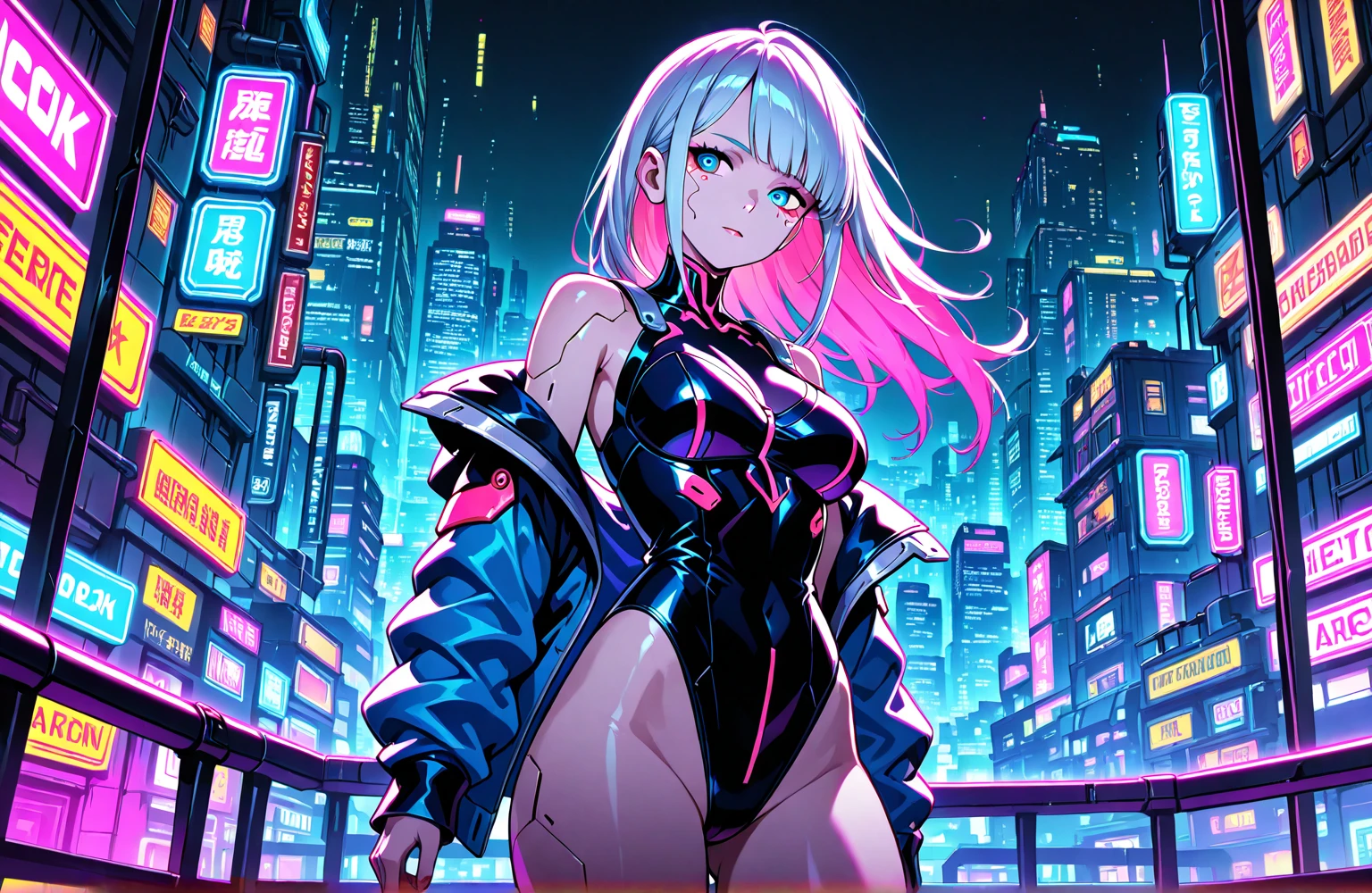 ((1girl)),((alone)),lucy ,lucyna kushinada,(masterpiece), (best quality), (ultra detailed), (best illustration), (best shadow), (absurdities), sharp focus, shot cowboy, dynamic pose looking at viewer, small breasts, narrow waist, wide hips, wide thighs, round butt, dynamic posture, nude, erotic, romantic, (very detailed eyes, lips 1.1), very detailed eyes, blue-gray eyes, eyes very detailed, Beautiful figure, Slim, Slender figure, shapely legs, white hair, Bob hairstyle, Cutouts on the shoulders, Cutouts on the chest, Neckline at the waist, black stockings, Short black skirt, Very detailed face, Very beautiful face , full height, Beautiful slim figure, femininity, expressive appearance, elastic small breasts, increased sexuality, calm look, closed mouth, serious expression, (sexy pose: 1.2), ((only)), standing: 1.3, outside , cyberpunk cityscape, rainy city, streets, city lights, night, neon lights, looking forward, ((focus on hips), point of view (from middle), red blush, perfect anatomy, perfect hands.