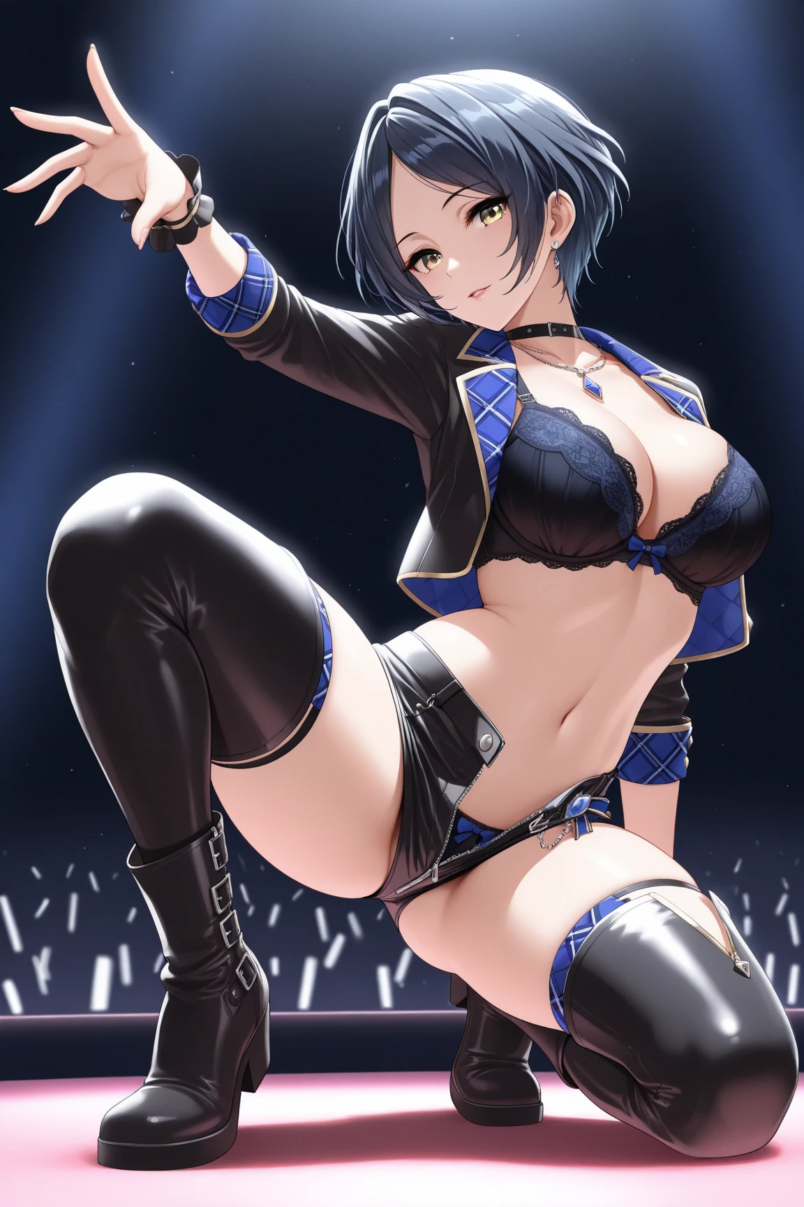 1 girl, Yelan, Genshin Impact, blue micro Bikini, large breasts, standing split, holding onto stripper pole, sex, blue transparent thigh highs