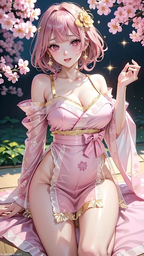 (((Masterpiece))), Morganite Gemstones. (super detailed, top quality, high resolution, 8k wallpapers, beautiful clothes), full body (one girl) (pink hair, long hair, straight hair, both sides up)) (((green eyes)), eyeshadow, eyeliner, glowing eyes, ultra-detailed eyes, complex eyes, beautiful eyes, (shining pink pupils)) 18 years old. Wearing a transparent jacket made of PVC material. Wearing a kimono. Exposed shoulders. Ninja pose. Acrobatic pose. Cherry blossom scenery