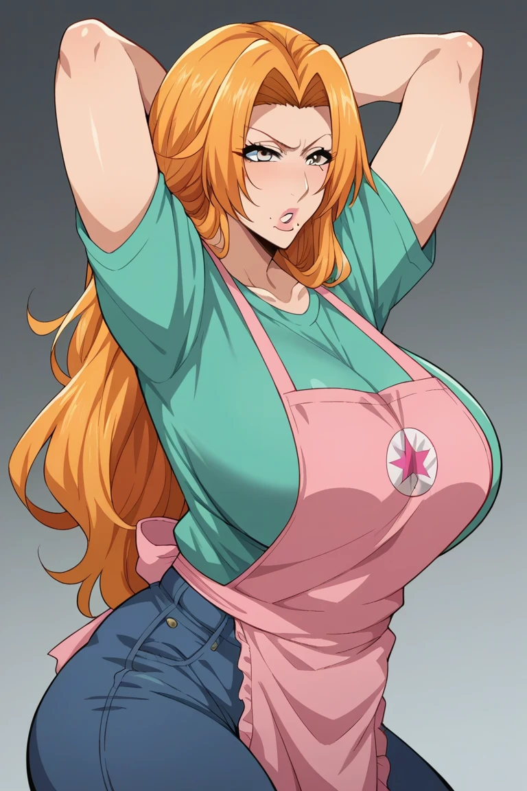 Inoue Orihime,Big breast,white HighSchool uniform with unbuttoned Cleavage,short Grey skirt,lariat necklace,Long pink nail,Hoopa bracelet,Earpiercing,Bleach Anime artstyle,Half eyes open,Stylish Wavy hair,Spouty mouth,Thick lips,view from head to waist,Curvy figure,Big wavy hair,Enchanced breast,tight thights,gaze on viewer,ear visible,bouncy breast,unnatural big breast,lollipop in 1hand,Licking lolipop lewdly