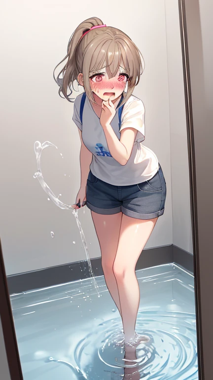 (big round glasses:1.3)、(Timid girl、sorrow、blush、Watery eye:1.2)、Long black hair、White short sleeve shirt、(Navy blue shorts、Wide-legged shorts、Shorts and thigh gap、Wide opening in shorts:1.3)、(Gym suit)、 body、Flat body