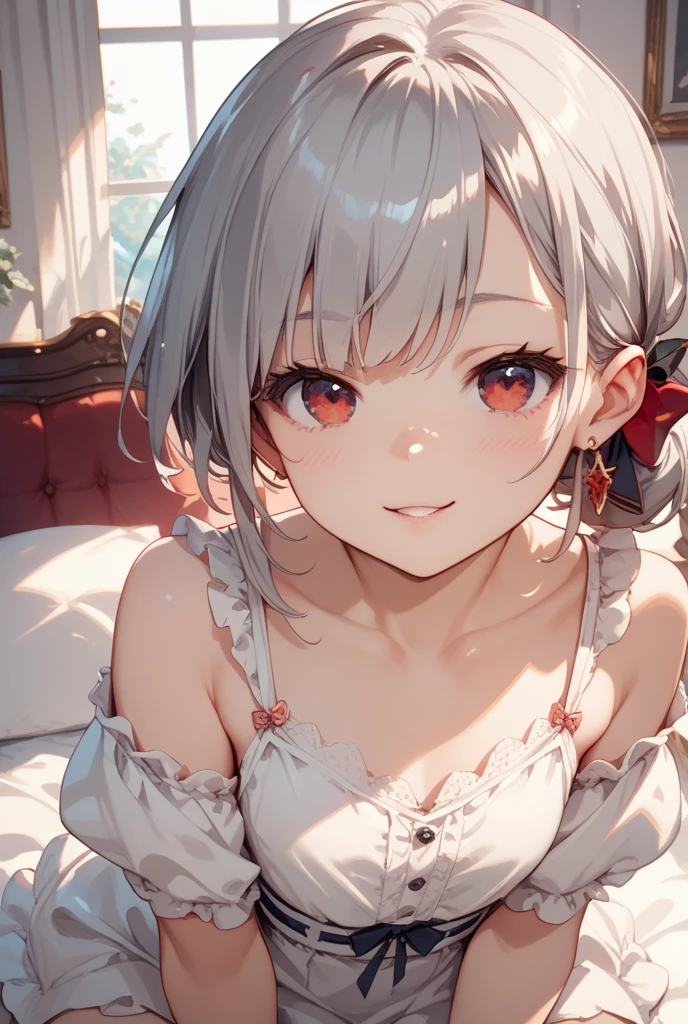 Be a pink-skinned girl, Beautiful Eyes (Red eyes) Deep as the night sky, Half a sad face lying on a table, Gray Hair, I'm watching you, In anime/Semi-realistic art style
