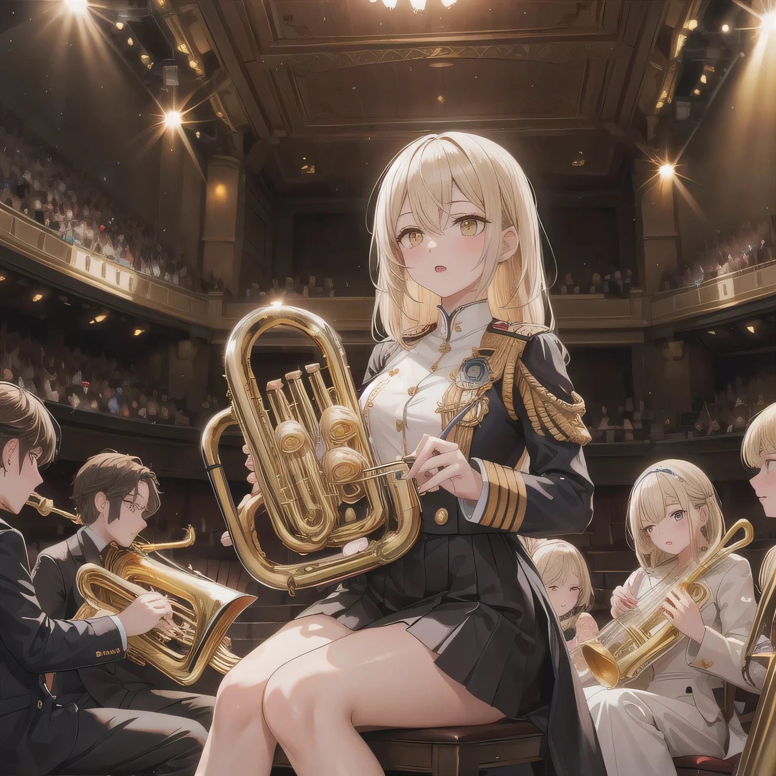 Depict a 20-year-old, dazzlingly beautiful woman playing a brass instrument in a grand concert hall. She wears an elegant yet practical band uniform, designed with intricate gold embroidery. Her posture is poised, fingers positioned with precision, her eyes focused as she plays passionately. The warm stage lighting highlights the shine of her instrument, creating a visually striking contrast between her and the surrounding orchestra. Long hair, blonde hair, golden eyes.