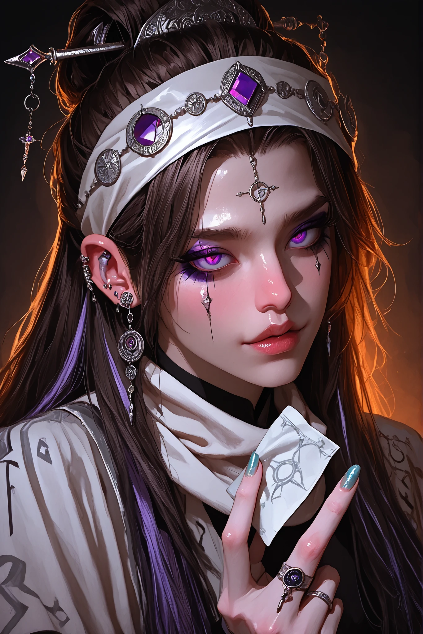  General Features : The character is a young woman a confident and slightly provocative expression, looking over her shoulder. She has well-defined and delicate facial features, with full lips and expressive eyes. Pele: Your skin is medium brown In the dark with lighting that highlights the curves of the face and neck. The shadow on the side of the face gives depth to the image. Cabelos: The hair is frizzy, voluminous and black , with bluish or purple reflections. A part of the hair is tied under a white handkerchief, and the other falls loose in defined curls. There is a beautiful gradient that goes from black to a greyish tone on the ends of her hair, giving an interesting visual effect. accessories: She wears several earrings on her ear, incluindo: An earring of silver ring with lilac stones, A piercing in the upper part of the ear with a shiny stone, A nose piercing with a small white pebble. There is also a ring on the visible finger of the hand,  and his nails are well cared for , with clear nail polish and delicate designs. Clothes and Ornaments : She wears a white scarf on her head, that covers the back of the hair. There is a visible tattoo on the shoulder, with geometric or tribal shapes. Makeup and Expression: Your eyes have a thin and striking outline, and the eyelids have a slight shine, suggesting makeup. The lips are lightly painted with an earthy tone, suave, but highlighted . Her expression conveys confidence, charm and a certain mysterious attitude.
