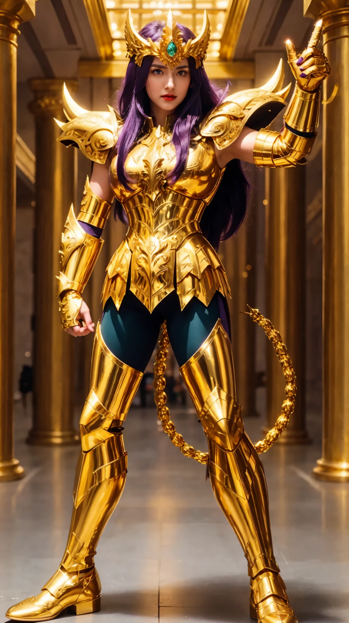 Masterpiece, 8K, Best Quality, Intricate Details, Ultra Details, Ultra High Resolution,(Makeup: 0.4), (Purple Feathered Eyes: 1.21), ((Full Body)), ((Muscle: 1.1)), ((Daytime: 1.3)),Standing, HDR, Ultra Detail, EF 24-70mm f/2.8L II USM,Best Quality, High Quality,1 Girl, Japanese Girl,Cute, Beautiful, Charming,(Cosmic Big Breasts),20 Years Old,Purple hair, long hair, slightly wavy hair, messy hair.A beautiful and smooth face, red lips, thin lips, slightly sweaty skin, a serious yet gentle facial expression.Big eyes, sharp eyes, modern and futuristic armor, shiny gold metal armor, golden metal scorpion tail, dark green tight pants on the inside (thigh).Shoulders and knees are equipped with gold metal armor, and the chest is protected by a gold metal plate with a shiny and ornamental design, ((detailed sharp carvings on the armor)), its crown is gold with a green diamond in the center,The background is situated between the pillars of an ancient building, realistic.