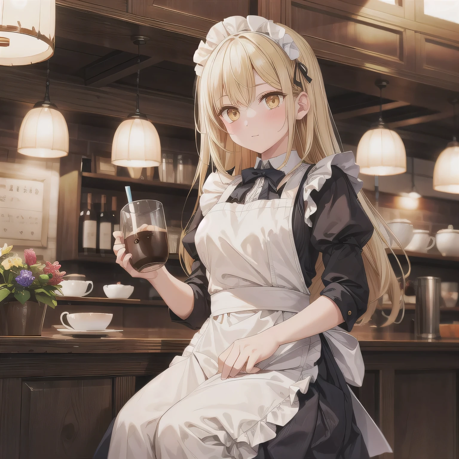 A girl is working as a waitress in a cozy cafe. She's wearing a classic maid outfit. The air feels warm and calm, and it's like you can almost smell the coffee through the picture. Long hair, blonde hair, golden eyes.