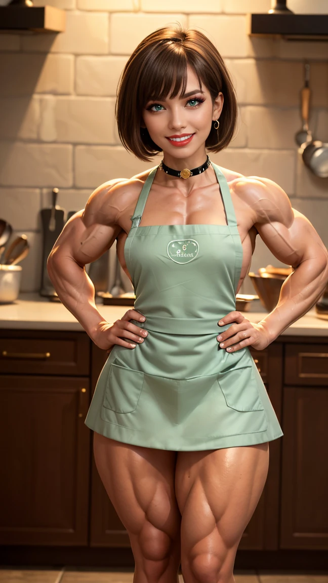 (Muscular:1.8), (thick thighs:2),
(latina female, tan skin), (anroid 18 haircut), brown hair,
(eyeshadow, red lipstick, earrings),
detailed eyes, (big smile:1.4), detailed skin,
(small breasts),
(naked under an apron), cooking gloves,
(upper body view), (looking at viewer), (three quarter view),
kitchen, (nighttime), rim lighting, two tone lighting, dimly lit