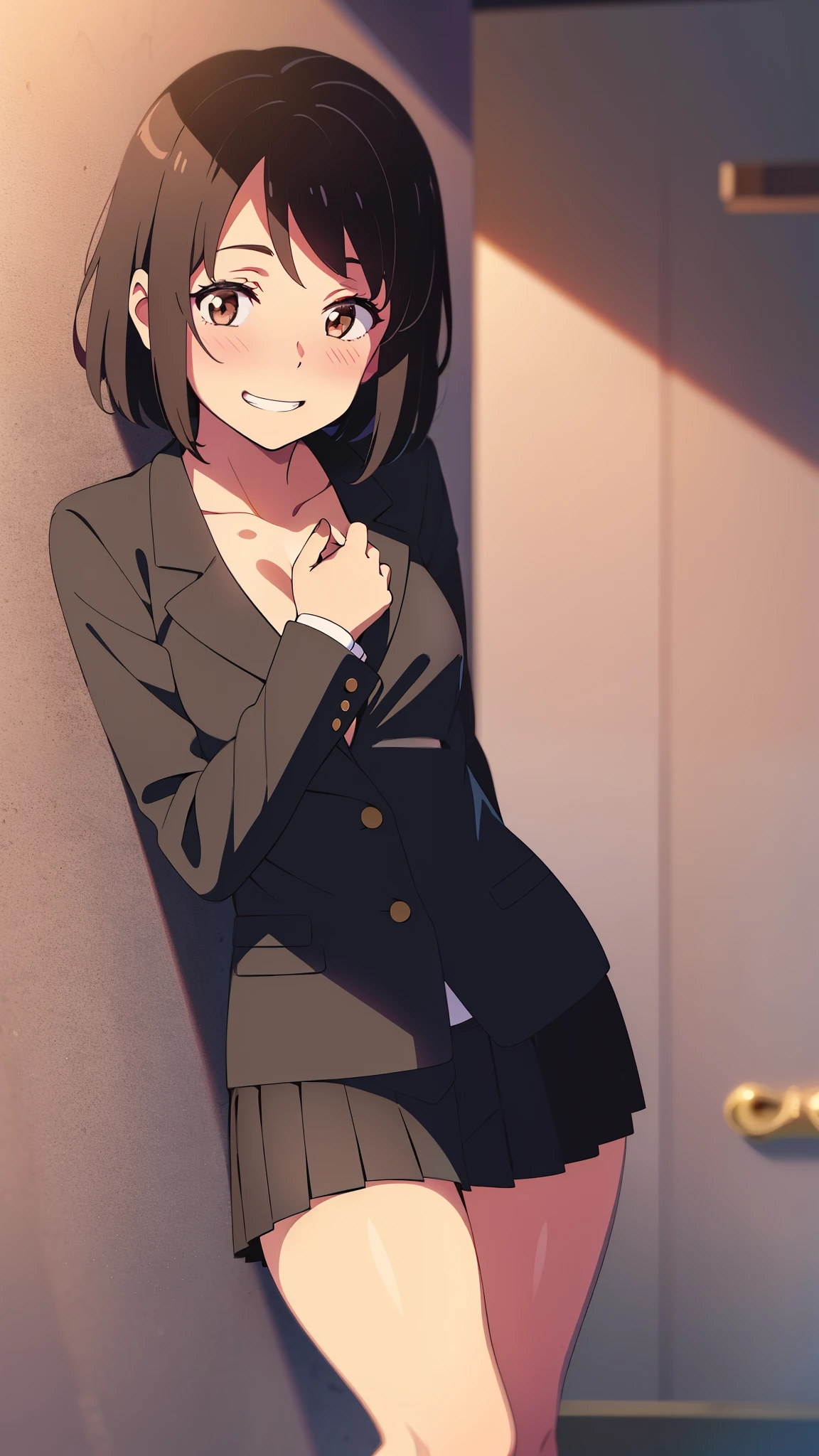 shinkai makoto, kimi no na wa., 1girl, bangs, black hair, blush, brown eyes, idol, collarbone, red headband, red ribbon, open jackets, black bikini, red skirt, short skirt, black thighhighs, short hair, smile, cute, solo, love background, upper body