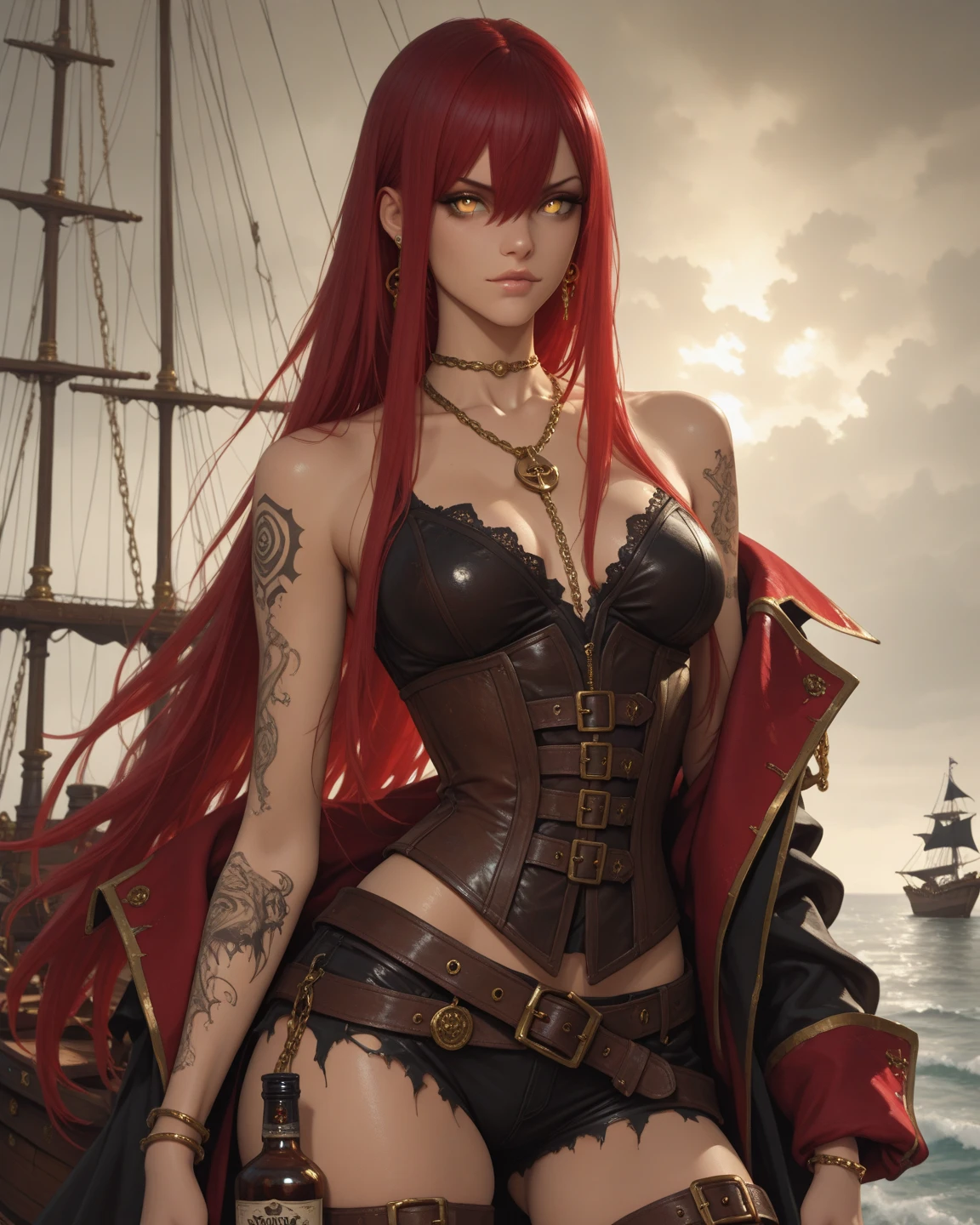 (masterpiece), best quality, expressive eyes, perfect face, (pirate ship background), (standing), (smirk), (closeup view), (1girl,freckled skin,glossy skin, red hair,green eyes, hourglass figure, thin body, skinny body, petite_body, medium breasts, thick thighs, long fingernails, hoop earrings, white front lace blouse, long sleeve, loose fit, black leather corset, brown leather shorts, brown boots, sheathed cutlass sword, flintlock pistol in holster, hoop earrings, miscellaneous jewelry) thong straps