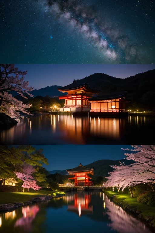 A surreal night scene blending traditional Japanese cherry blossoms ...