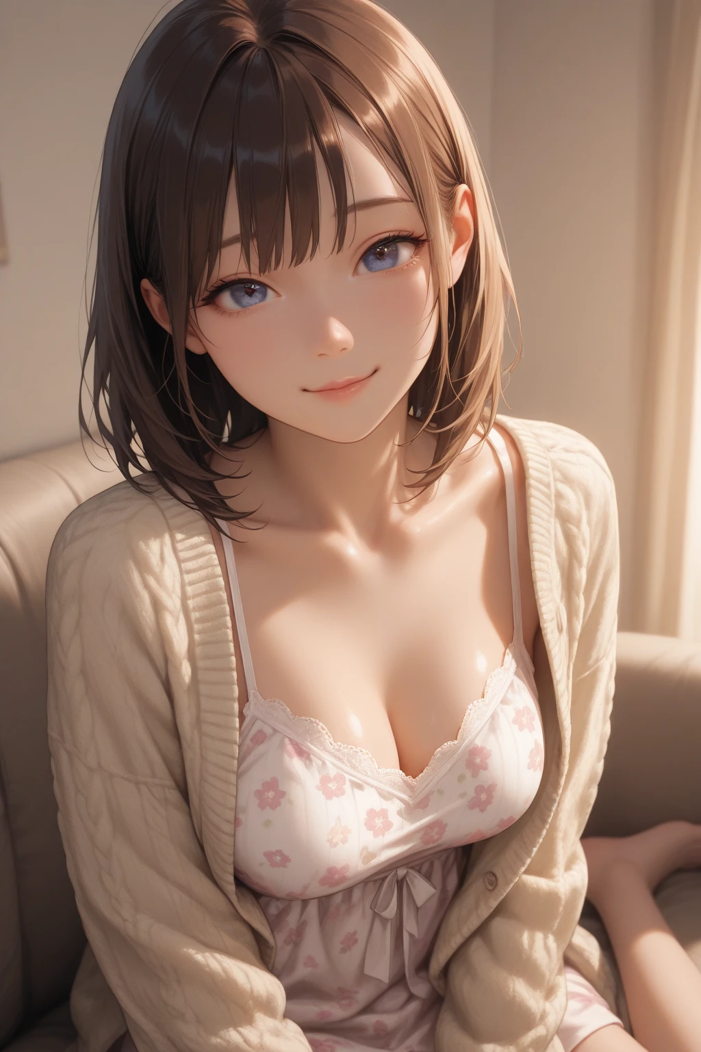 (masterpiece), (best quality), (ultra detailed), 1girl, sexy pose, blush, ((open casual cardigan:1.2)), happy, looking at viewer, large hair, brown hair, in the park with trees,bench, shy ,sitting on ground, ((solo)) ,worry, blush, naughty,from below,slim body,(shiny skin, wet skin:0.8), sweating, rainy,side, from front, from above,long wet hear, ((pink bra))