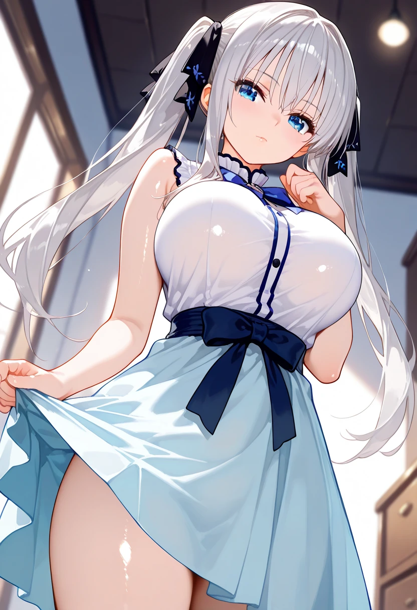 big breasts:1.2、、white dress、Grab the skirt with Hand Masterpiece、highest quality、very detailed、Very realistic eye masterpiece、highest quality、very detailed、1 girl、NSFW、nipple、avoid、See-through、outdoors、crowd、gray hair、No panties、from below、pussy、love juice、big breasts、center of attention、white sundress、、shoulder strap、真from below、lift the skirt with one hand、hand、embarrassed look、in front of people、sit、from below、