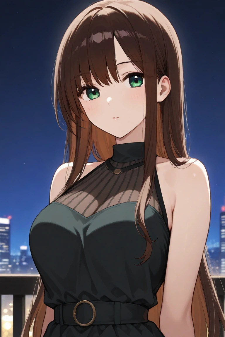 ((Best quality, 8k, Masterpiece :1.3)), Whole body, Sharp focus :1.2, A pretty woman with perfect figure :1.4, Slender abs :1.2, ((Dark brown hair, Big breasts :1.2)), Tank top dress :1.1, (Night city view, Modern balcony :1.1), Highly detailed face and skin texture, Detailed eyes, Double eyelid