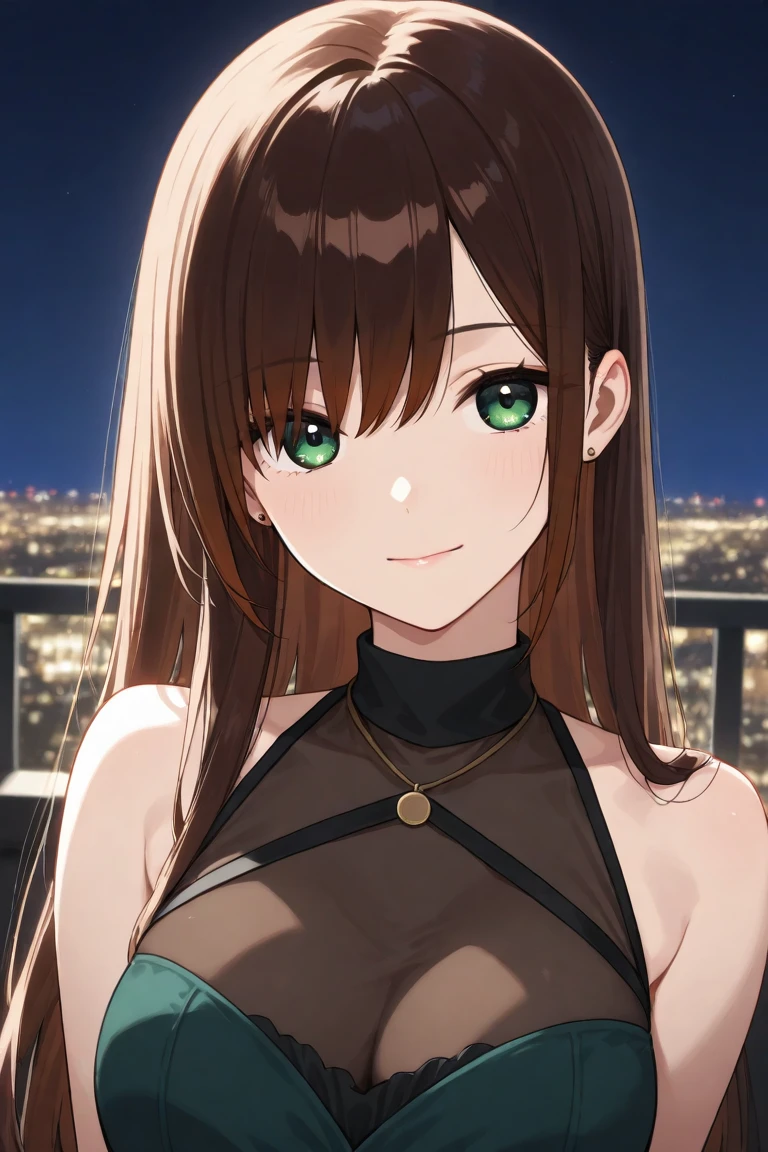 (masterpiece), (best quality), ultra high res, sharp focus, ((1 woman, solo)), (warm orange pastel color), upper body, medium long shot, MLS, in the crowds of city, autumn season, halloween season , (at the beautiful night time:1.2), beautiful detailed hair, chesnut brown hair, long hair tumbles down, ((beautiful shape eyes, green eyes)), beautiful detailed face, perfect feminine face, smiles happily, look at the viewer, halloween costume, bare shoulders