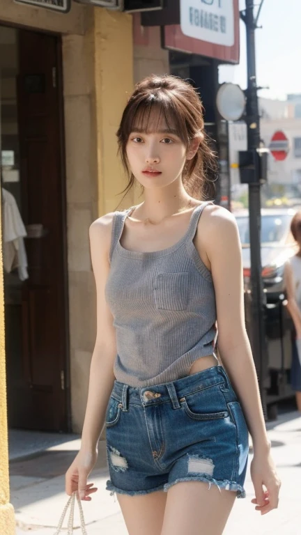 ((realisitic))、1girl in, (Light brown medium hair),  ((Blue Camisole、denim pant)),  Look at viewers, 25-years old、Naughty look, Medium chest、Shot in the park