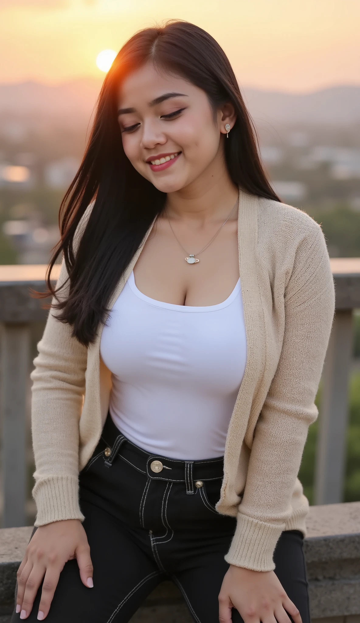 A beautiful indonesian female with long straight hairstyle, 25 years old. indonesian face, highly detailed beautiful face and eyes, attractive face, charming face, Full body, chubby body, white skin, medium breasts, cleavage, anatomically correct, black hair, long straight hair, hair covers ears. Wearing black jeans, white t-shirt and cream cardigan, necklace. Background overlooking a beautiful mountains in afternoon, sunset, orange light in the sky. Standing on the edge of bridge, facing forward, hands on thighs, closed eyes, smile showing teeth. Ultra detailed chubby body, highly detailed appearance, hyper quality image. Highly detailed background. Hyper resolution. Ultra high realistic image. 16k. Ultra detailed