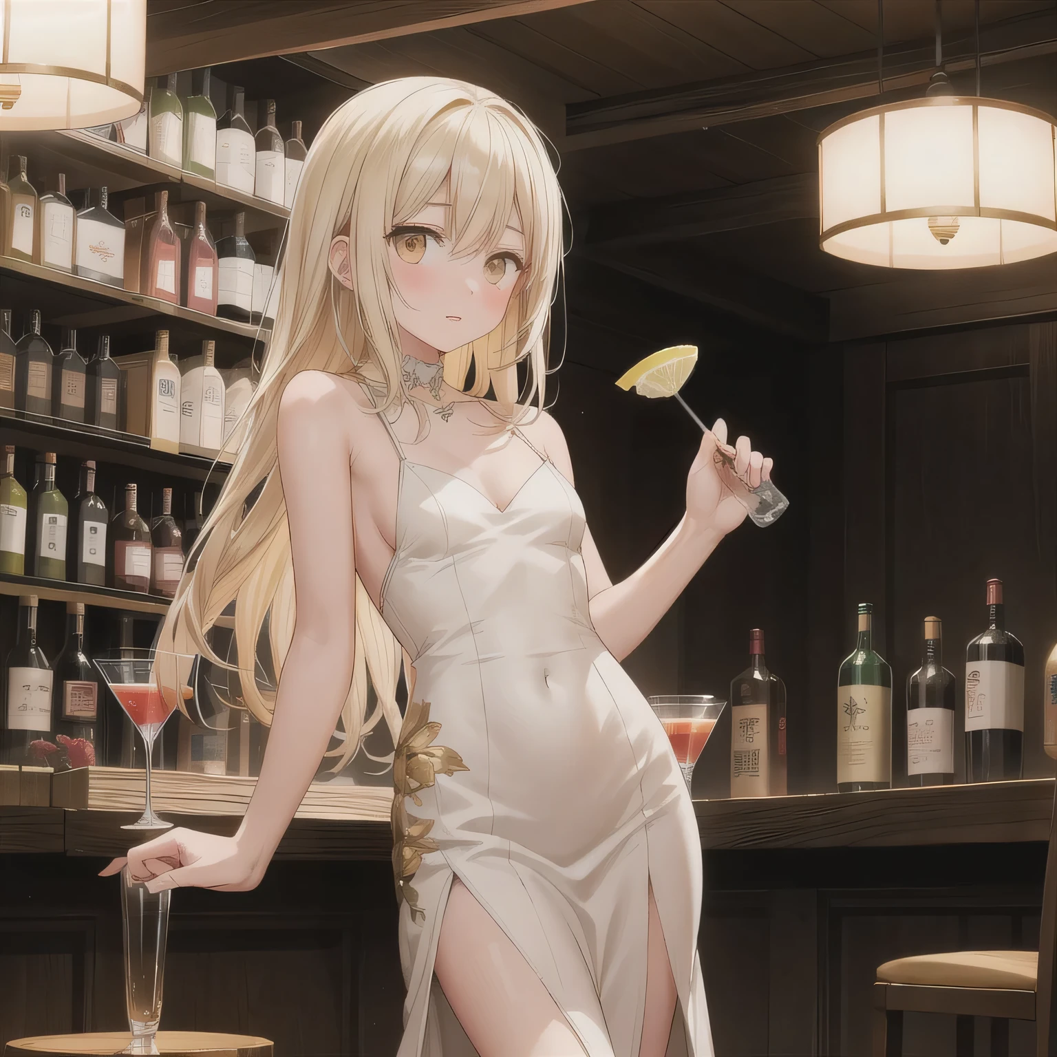 A 2D anime-style illustration. The scene is set inside a dimly lit, cozy Japanese "snack" bar. The lighting is soft and warm, with gentle shadows creating a relaxed, moody atmosphere. Bottles of liquor line the shelves behind the bar, and small round tables are scattered throughout the room. A young woman is standing near a table, wearing a stylish, slightly sexy dress commonly seen in such bars — like a fitted cocktail dress with soft fabrics and subtle glitter. She looks elegant and approachable. The focus is on the warm mood and ambient light. No text in the image. Long hair, blonde hair, golden eyes.