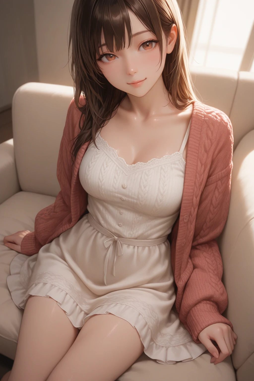 8K quality、High definition、Realistic skin texture、High definitionの瞳、Man sleeping on sofa、woman riding on top of man、A female cafe owner seduces a male customer、A neat and tidy beige blouse dress、slender、Model Body Type、Ripe body、Off the shoulder、