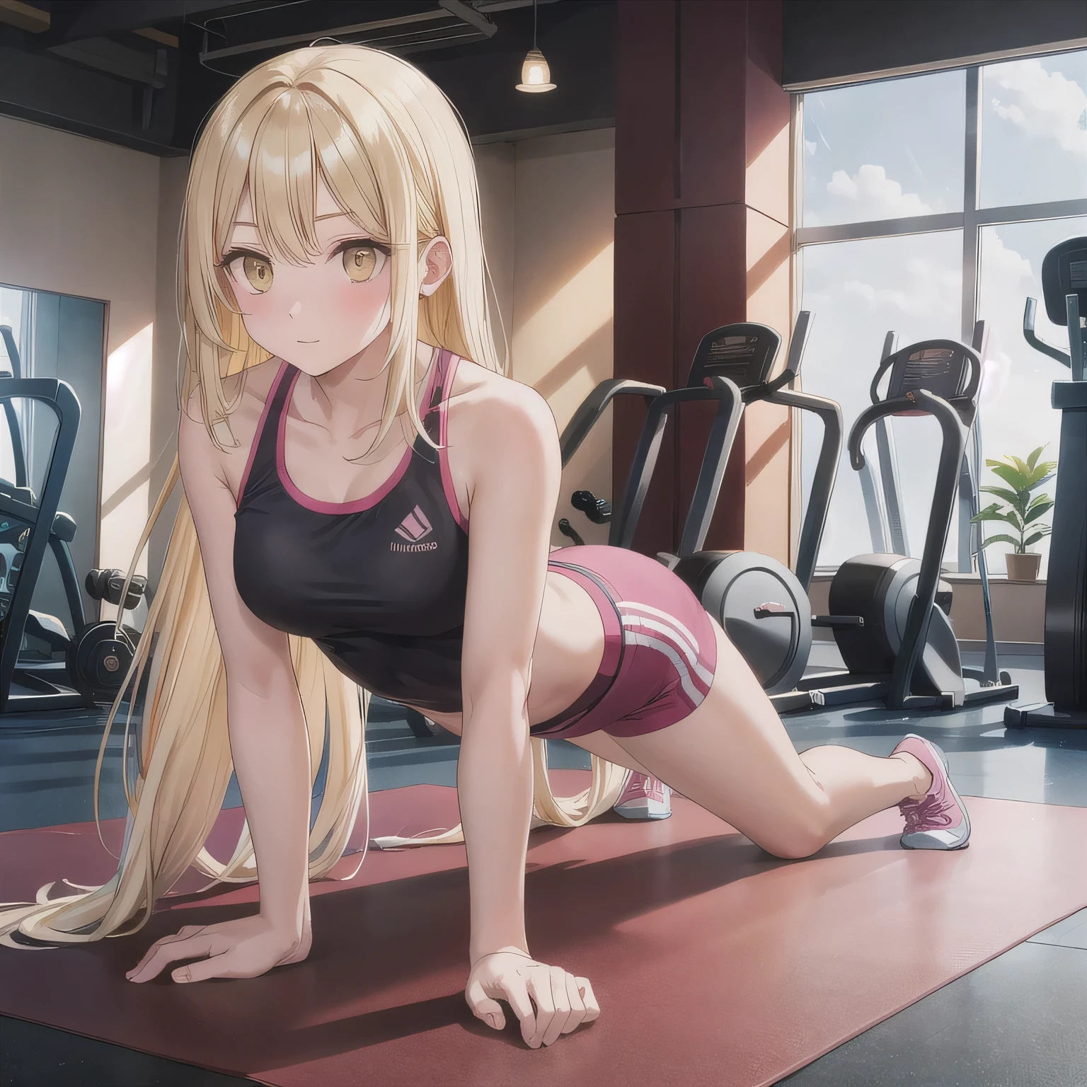 A person doing a plank exercise on a mat in a fitness gym, minimal equipment, bright interior. Long hair, blonde hair, golden eyes.