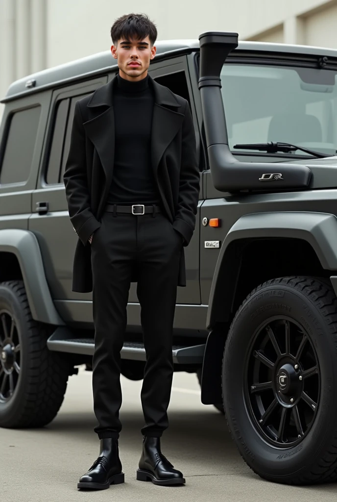 Young guy in black standing next to black toyota land cruiser.