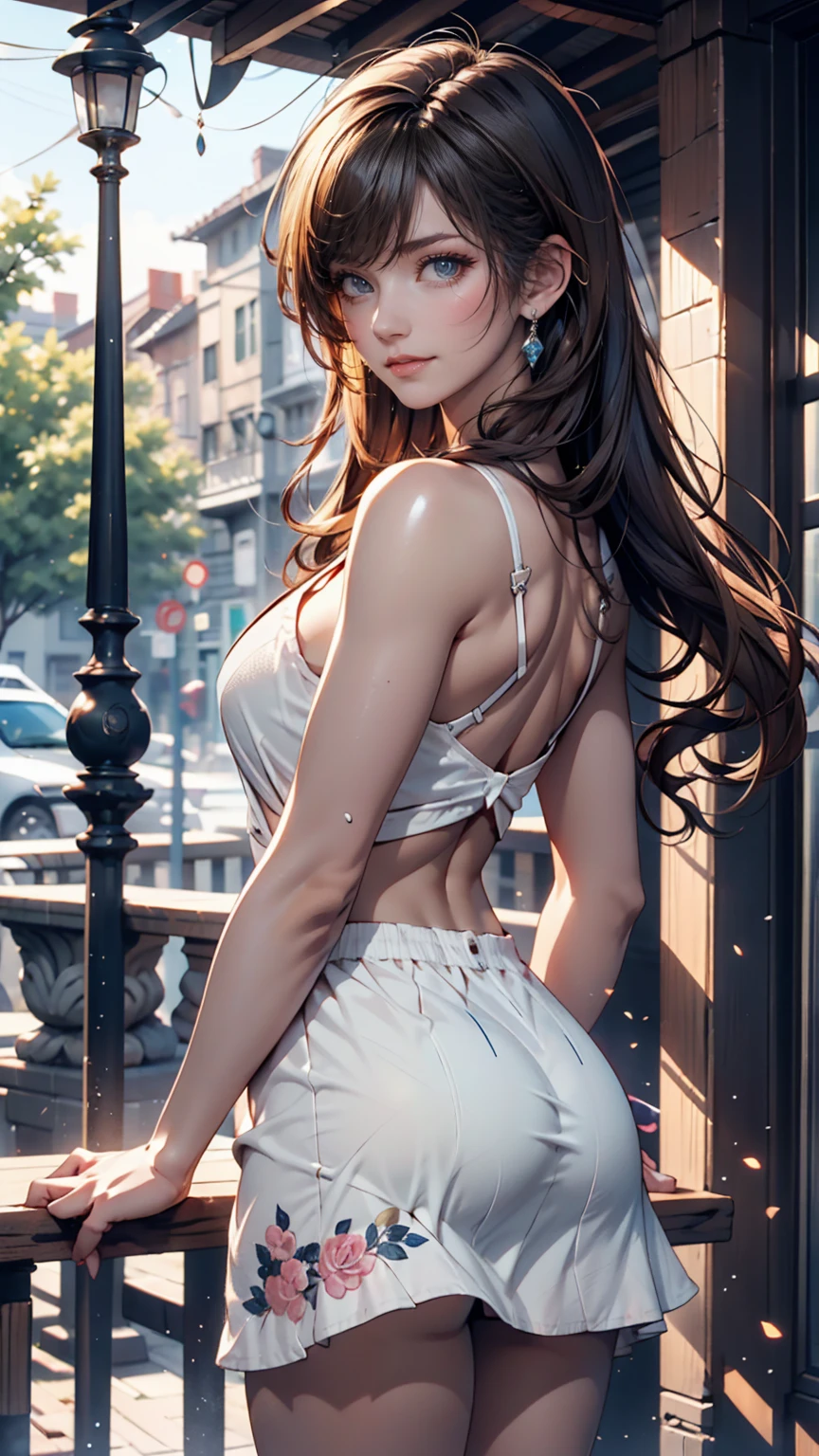 nicole man, cheerful, happy, smiling face, brunette skin, straight dark hair with original wavy glow with braid with bow and ribbon, hair ornament, fringe hair in the original wavy eyes, long eyelashes, beautiful intense blue eyes with brightness, lips with red lipstick, sunglasses with transparency, surrealism, shadow, stereogram, (photorealistic, realistic: 1.2), POV, atmospheric perspective, cinematic lighting, ray tracing, 8k, super detail, best quality, masterpiece, well detailed, (Canan EOS R6, 135mm, 1/1250s, f/2.8, ISO 400:0.9), sunrise background on the balcony with sun between clouds on the horizon, damp, ugly lights, neckline, lace langerie, beige and gray, back, round ass, lace panties, cord, medallion, earrings, pendants, choker, detailed gold bracelet, tattoos.