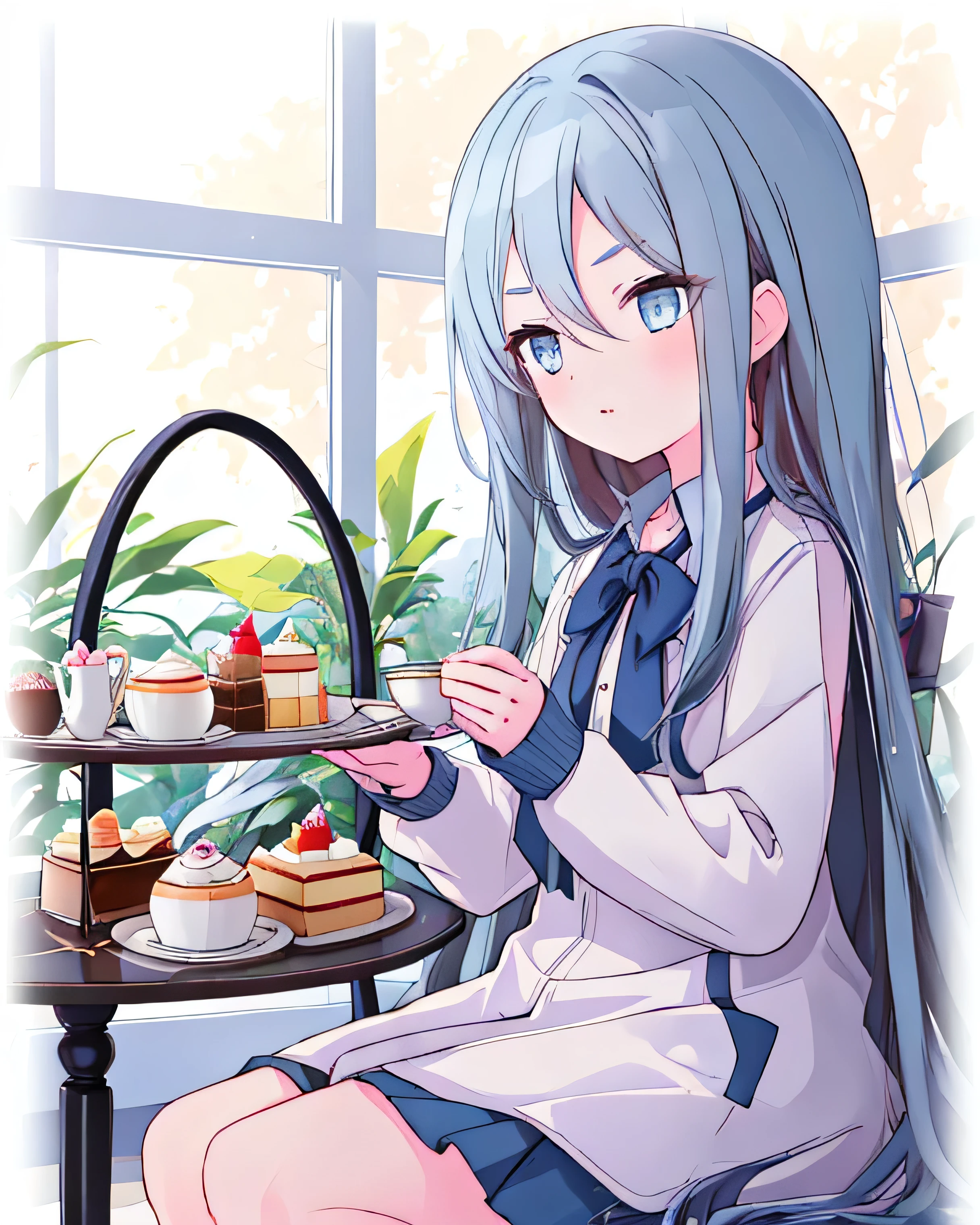 Single ,1 girl,Blue Eyes,Long Hair,【 Candlelight ,Blue Hair,HAIR BETWEEN THE EYEBROWS, Straight Hair,Bangs, obra maestra, best quality, Extremely Detailed,afternoon tea,dessert