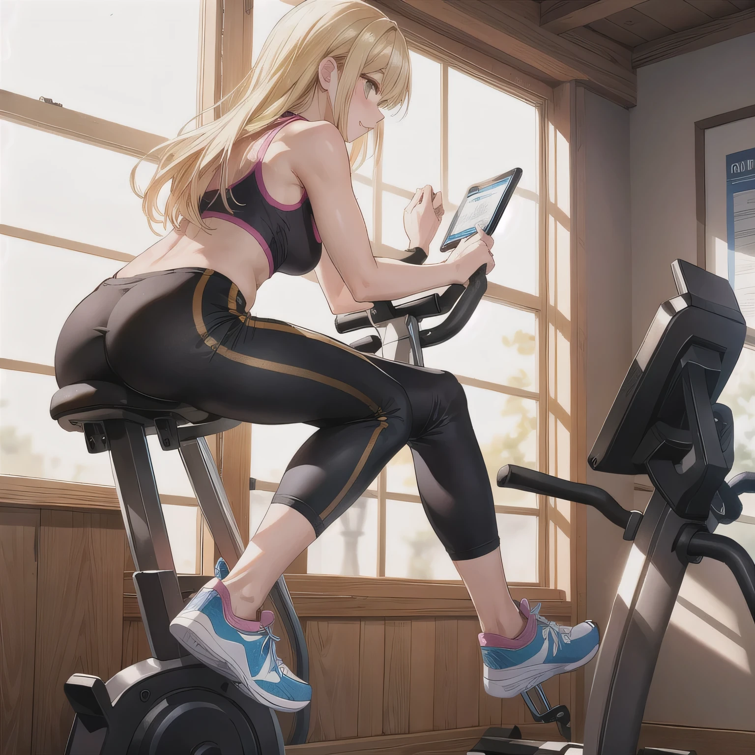 A fitness gym, a person training on a stationary bike, side view, bright morning sunlight through large windows. Long hair, blonde hair, golden eyes.