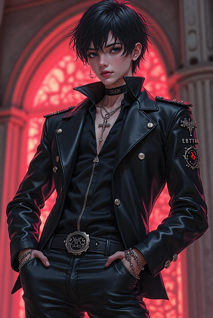 8k, high resolution, masterpiece, illustration, extreme details, mature, teenager, male, visual kei, gray short hair, red eyes, smirk, punk attire