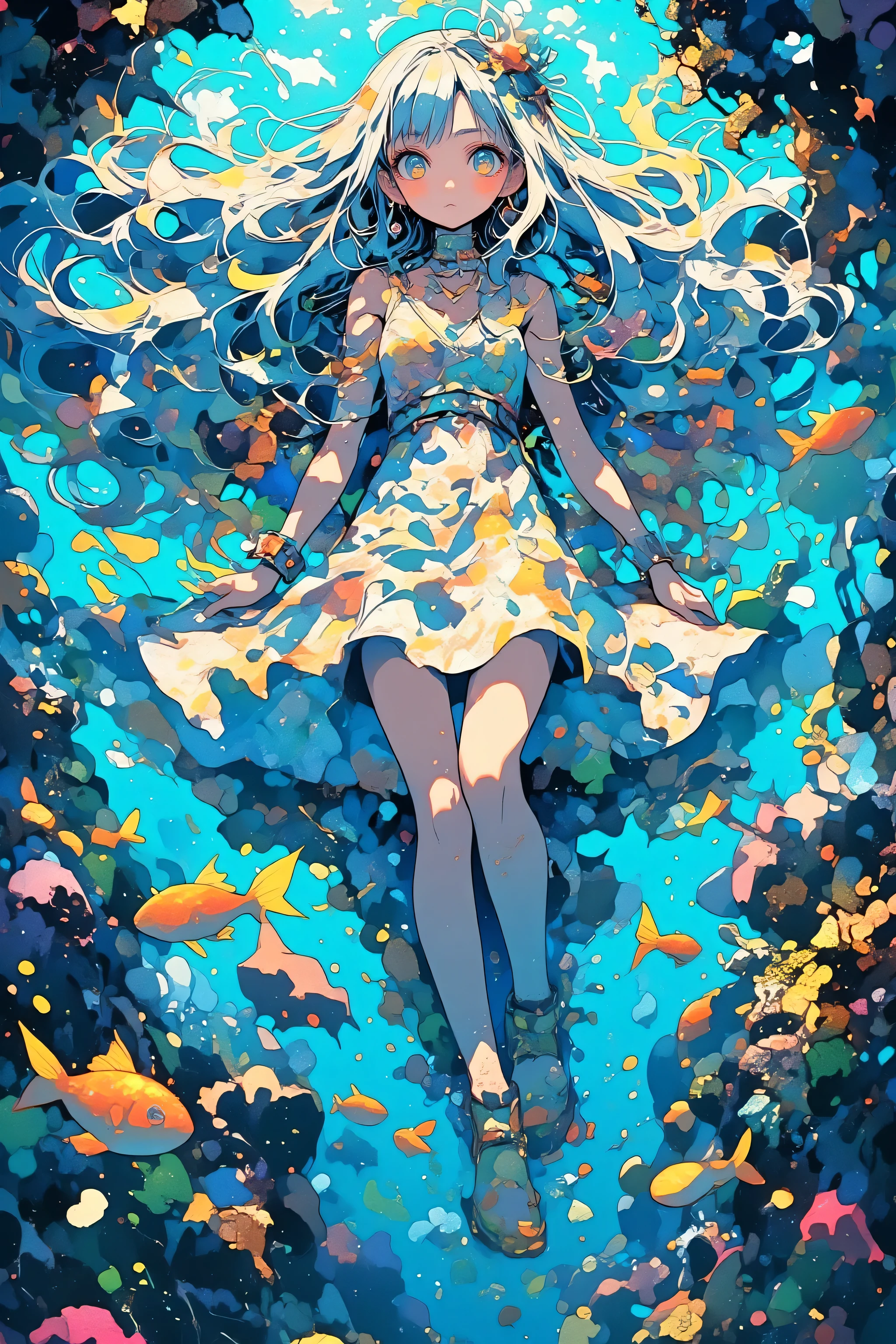 a beautiful young woman with long flowing blue hair, gently floating underwater in a fantasy setting, surrounded by small glowing fish swimming around her, wearing a light dress that flows in the water, eyes open with a calm and dreamy expression, shafts of light filtering through the water, bubbles rising, magical atmosphere, pop art, complex texture