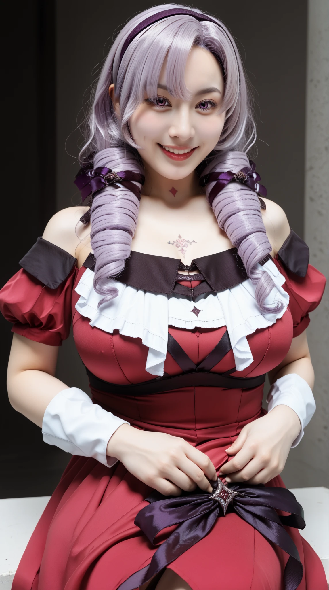 a cute woman with purple hair and a red dress, scales covering her chest, realistic, cute woman