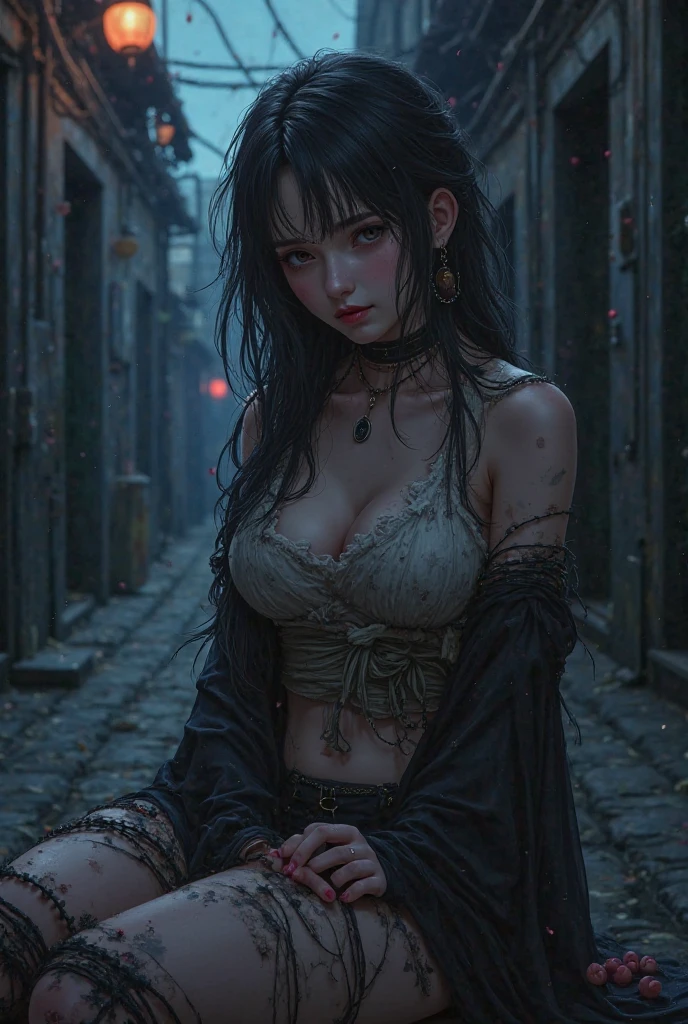 (best quality,4k,8k,highres,masterpiece:1.2),ultra-detailed,(realistic,photorealistic,photo-realistic:1.37),dark fantasy,street scene,unfamiliar environment,detailed buildings,ominous atmosphere,mysterious creatures,horrifying presence,unsettling,shadowy figures,intense darkness,young girl,long hair,innocent face,vulnerable position,hopeless situation,distressed expression,starry sky,dimly lit street lamps,dark colors,overgrown plants,quirky architecture,strange symbols,haunting shadows,abandoned feel,loneliness,magic in the air,creepy atmosphere,enchanted surroundings,gothic elements,otherworldly aura,dramatic composition,contrasting light and shadow,foreboding,uncertainty, bright weather, sunny day, brigth ambiences, light everywhere, nsfw, exposed woman, naked woman, nude