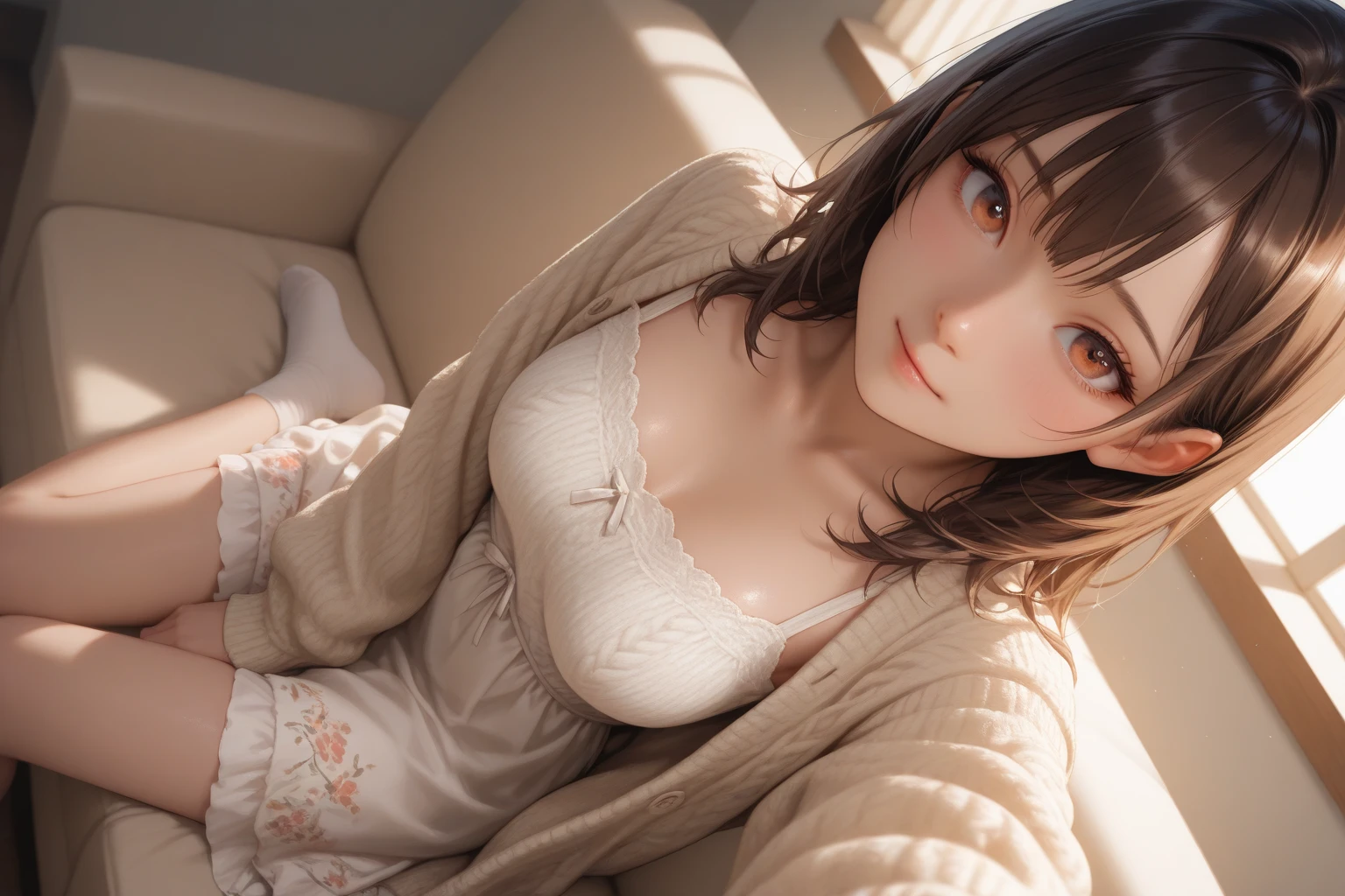 DETAILED, DENSE, MASTERPIECE, one girl, beautiful, wearing pink cardigan, one girl lying on bed with blanket, brown hair, 26 years old, smooth skin, glowing skin, glowing hair, clear eyes, glowing eyes, brown eyes, soft lips, pale pink lips, (viewer Looking down: 0. 8) smiling slightly, cheeks stained, shy, mouth open, bangs, white sleeves, pink clothing, one girl, soft skin, large breasts, glowing skin, cinematic lighting, rich lighting, room lighting, simple silver necklace, diamond necklace, pink Lace bra, pink lace panties, pink lace underwear, high angle, low angle, (Masterpiece: 1.0), (Realistic: 1.6), (Soft Focus: 1.5), [[open legs, spread legs]], (solo), dynamic pose, ((erectnipples)), (female pubic-hair), (slim legs), garter stocking