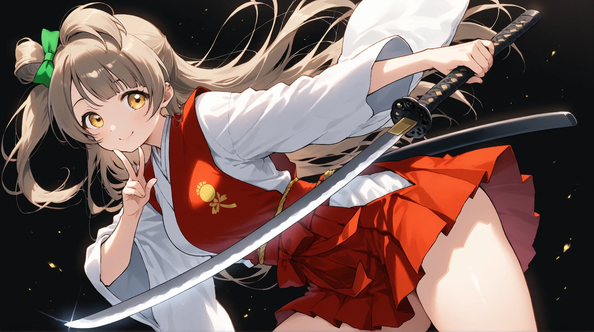 (absurdres, highres, ultra detailed),masterpiece,best quality,high resolution,8k,Realistic face,Realistic skin texture,magnified textures, stunning clarity,detailed anime girl,japanese school girl,,(Demon Horns),(pale skin),golden hair,blazer,red short skirt,beautiful ass,Meiji,red eyes,summer,class room,big breasts,sunset,(Holding a Japanese sword),happy,cowboy shot,expressive pose,big ass,from below,sulking