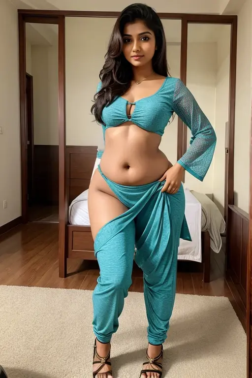perfect face chubby child in saree wlop perfect full HDR body exposed midriff highleg flat chest curvy indian armpits bellydancer 8k chubby high res knees ankles , royal skimpy underwear, cleavage (shiny skin:1.2) depth of field (full body shot) (high heels) (bathroom)