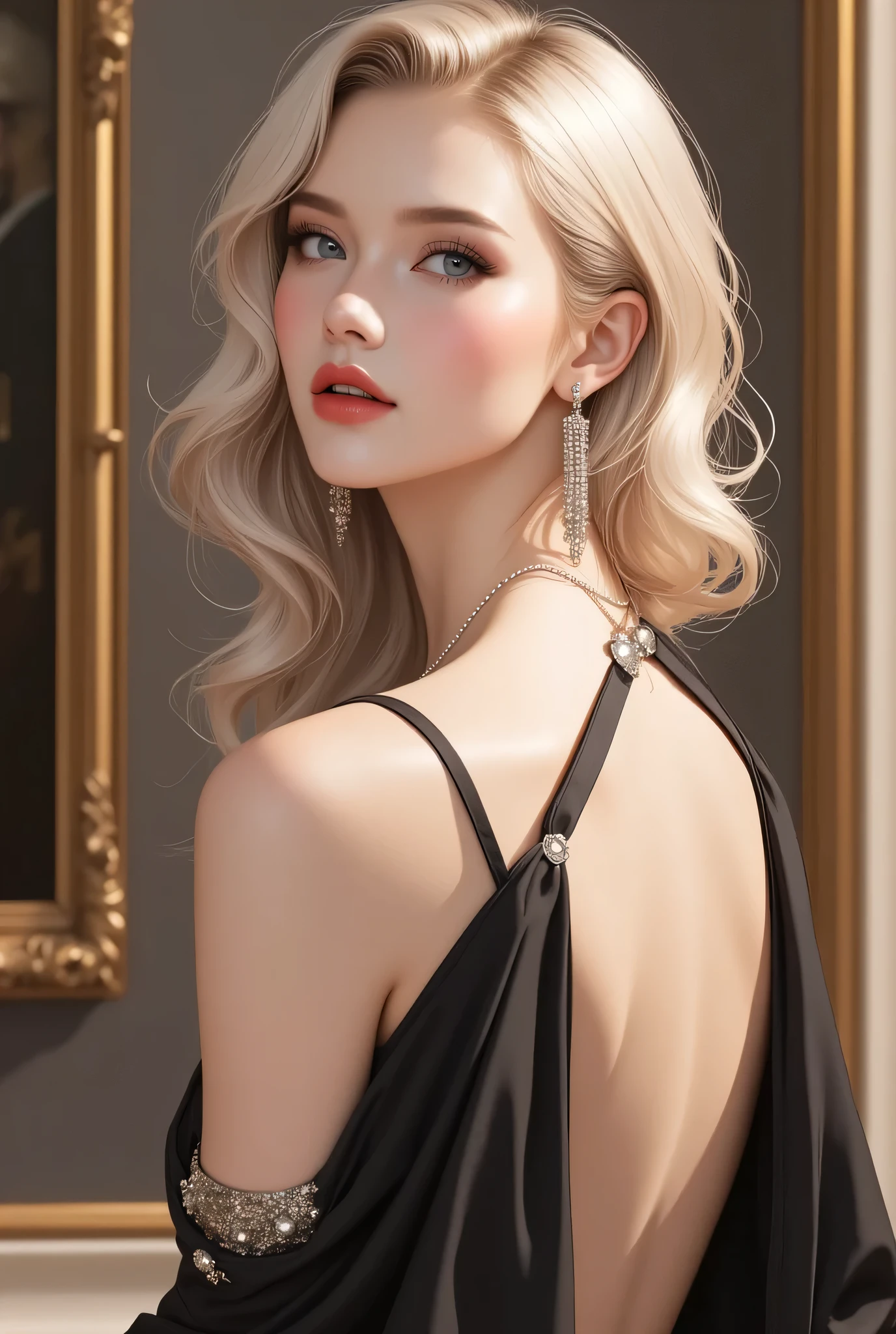 looking back, cool beauty, vivid and seductive expression, blonde shining glossy silky updo, superlative great body proportion, wearing elegant and gorgeous black satin halter dress with glitter, accessories, palace ball, professional and perfect composition, extremely delicate depiction, extremely clear image, various effects, bold and dynamic, contrasts of light and shadow, 2.5D, artistic photography, hyper realistic, ultra detailed, absolutely resolution, masterpiece