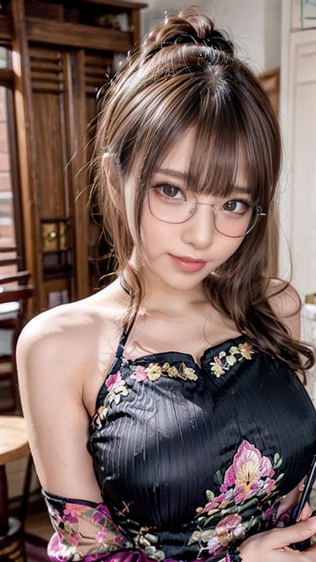 (masterpiece, highest quality), One girl, Messy Hair, choker, black silk pajamas, See through, Glasses,