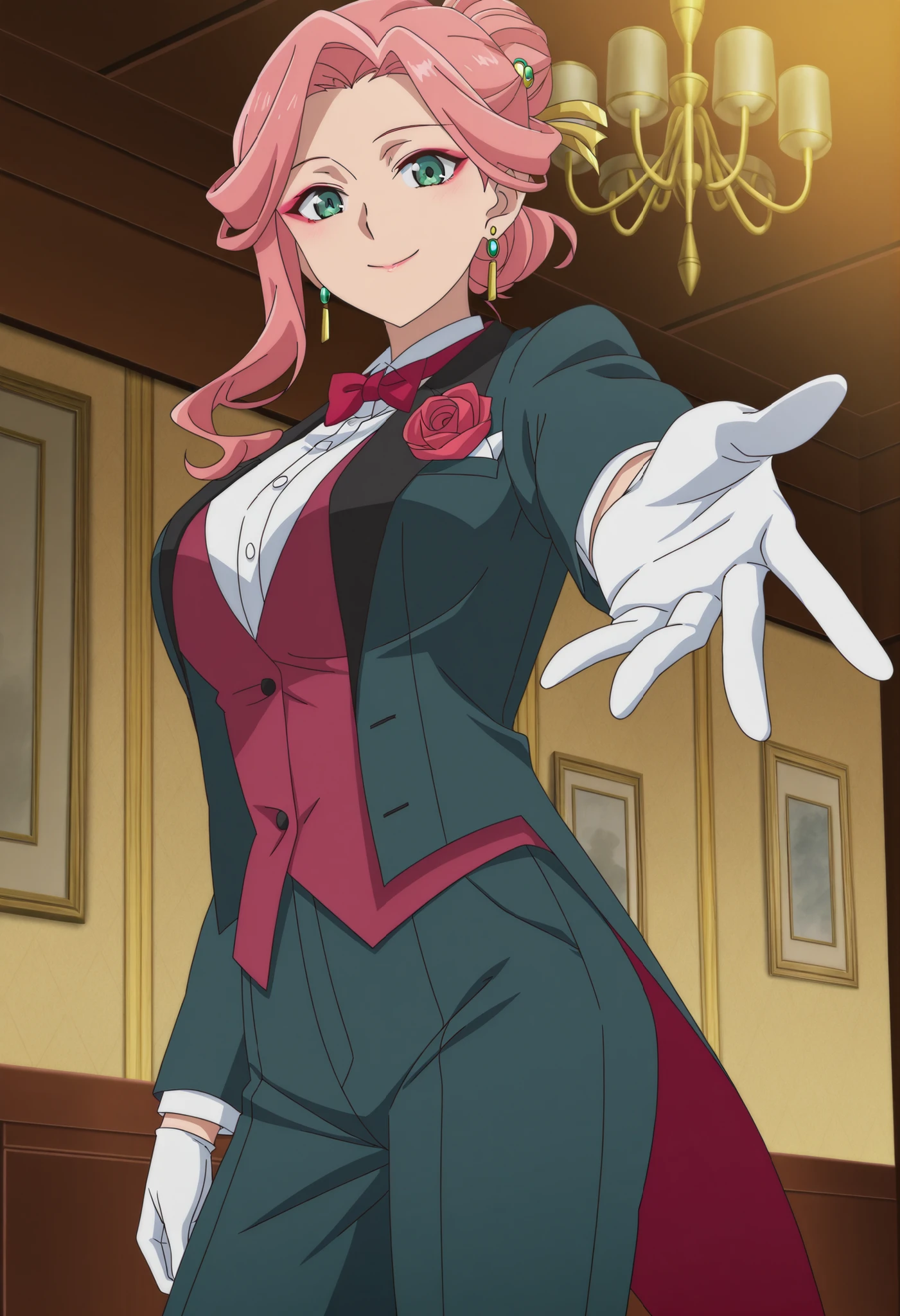 score_9,score_8_up,score_7_up,source anime,anime screencap,anime coloring,masterpiece,best quality,Gyokuyou, 1girl, solo, pink hair, long hair, single hair bun, green eyes, breasts , ornament, earrings, anime coloring, tuxedo tailcoat, butler, pants ,, woman in a formal suit,she's looking at the camera with a calm smile,,, indoors,smile,, gloves ,masterpiece,best quality,amazing quality, ,,reaching at viewer,,,,, makeup