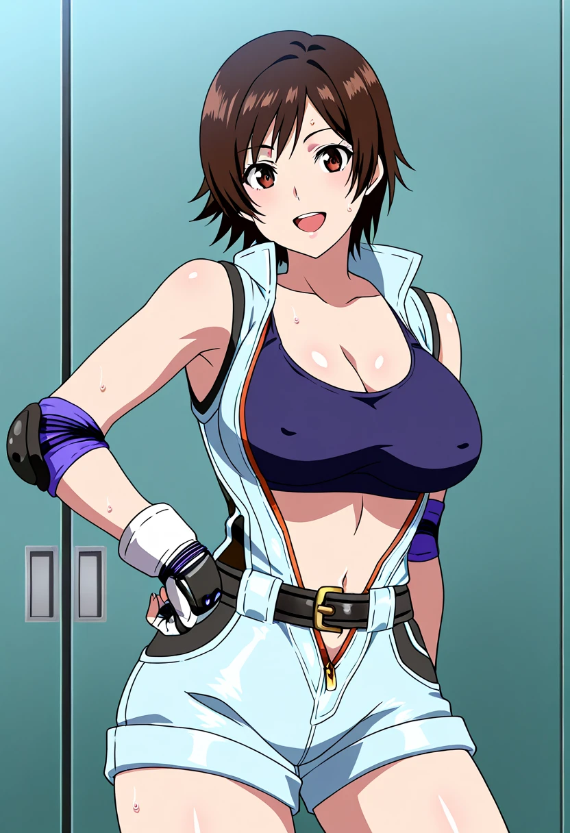 curvy midsection, solo, 1 girl, female wrestler, ultra toned arms, smile, ), (detailed titration screen, upper body only, anime style: 1.8, anime drawing, ultra detailed face, ultra detailed body, 4k, Sumergai Lee Noriega, (standing), best quality, anime style, hires, highest definition, digital blending, bold drawing lines, ((wwe diva), (location: wrestling arena, crowds watching), ( pro female wrestler, slim body, (little biceps), , off-shoulders, closed fists, (very curvy: 2.8)), ((topless, nipples , shorts, white gloves, collar, arm band, (champion belt))), (pale skin, big breasts, widely open mouth, teeth), (big eyes, brown eyes, shiny eyes), (), (brown hair, loose hair, curly hair, wavy hair, long hair, missy hair), 27 years old, (crossed arms)