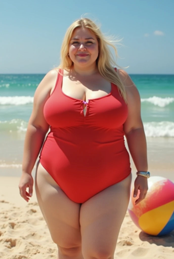 fat girl, blonde,blue eyes,american woman,Chubby,looks strong,thick ,dignity,smile,a healthy woman,smile,put your feet together,light blue one piece swimsuit,strap,dynamite body, big breasts,straight long hair ,give an amount, standing pose,bold pose,thigh , thick legs,realistic, HD 8K,High resolution, perfection, best image quality,sandy beach,night view