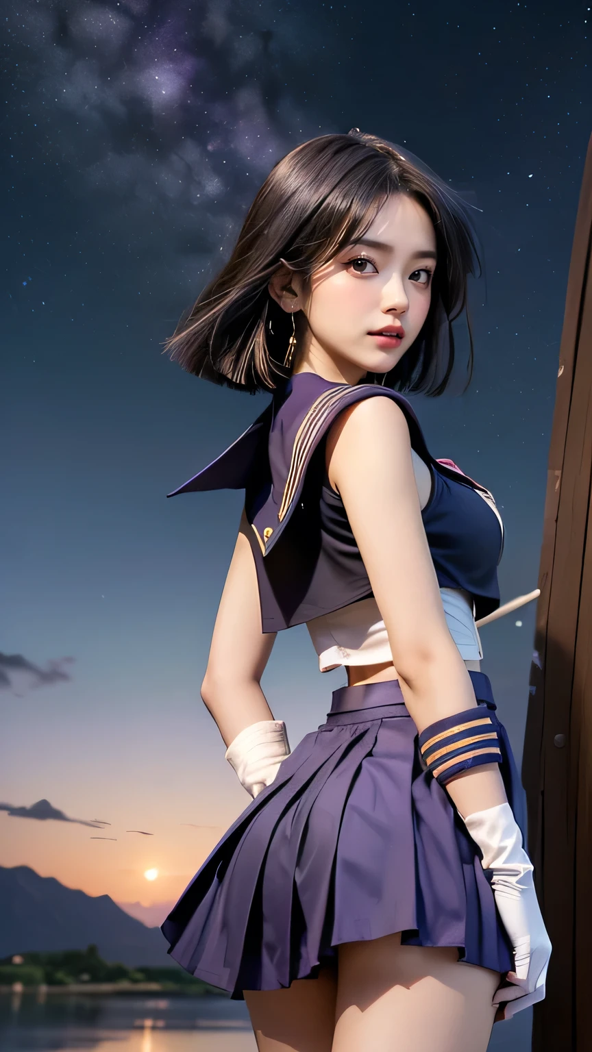 (((best quality))), ((masterpiece)), ( details), ((alone)), (((starry sky,shallow lake))),(((((( A girl in a Sailor Saturn costume )))))), (((Slender Body,:1.4,big breasts,Tight Thighs))), (( camel toe ,Camel hoof)),(( Glowing Skin , white skin)),Mysterious Light, (((( angle that captures the entire face and body )))), ((( well-groomed face ))), ((big eyes)), ((((((dull eyes)))))), ((((close your eyes)))), (((((( View from the back of the ,angle from the front:1.8,viewers , from below)))))), ((((Accurate Anatomy)))), perfect makeup , eyeshadow, with earring cup , necklace , ((( Dynamic Sexy Poses:1.6 ))),(((HotaruTomoe, (sailor Saturn , purple hair, short hair, elbow gloves, neck ribbon, bangs, long hair, circlet,purple pleated skirt)))),I'll brush up my hair,legs are open,
